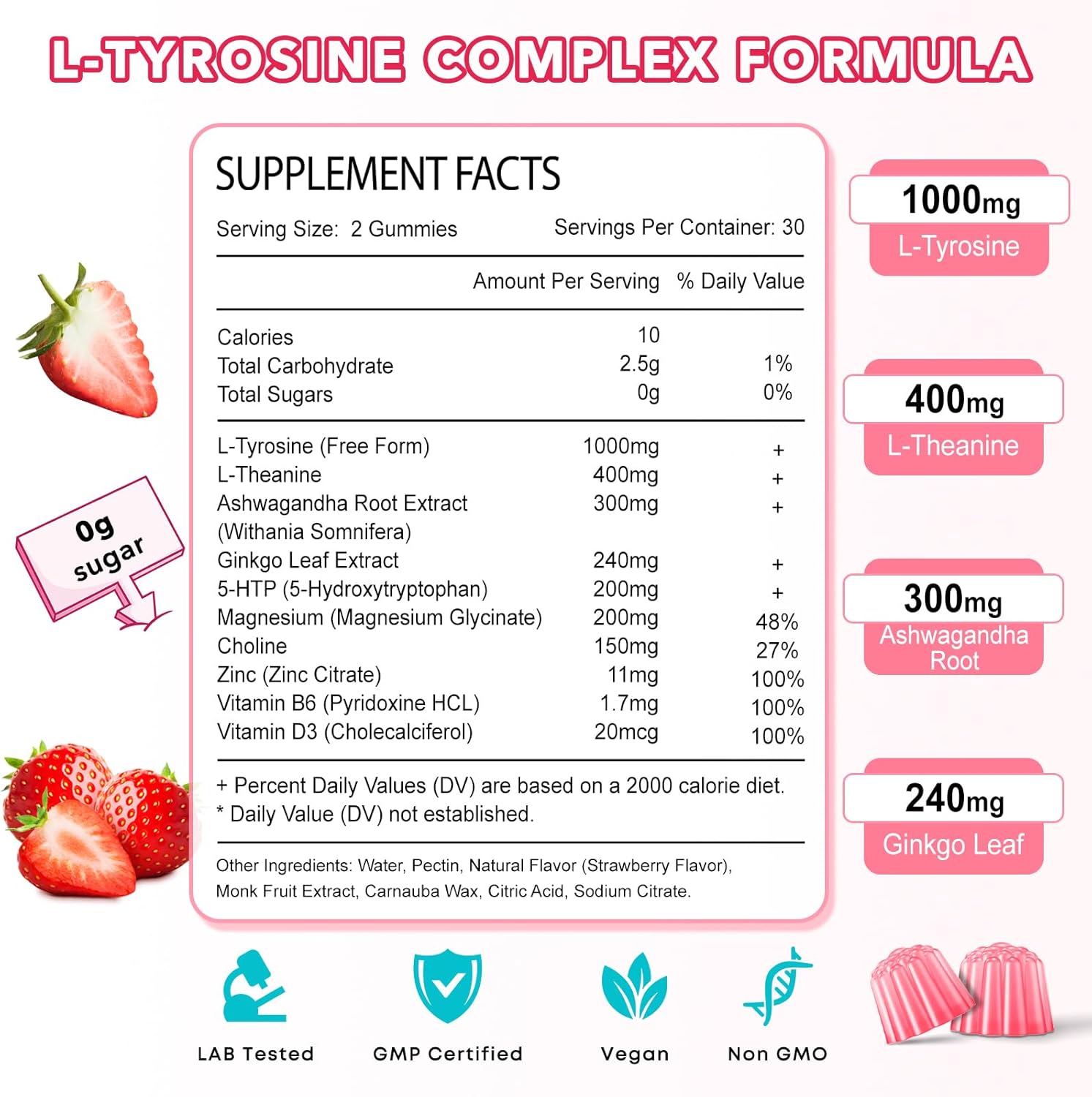 L Tyrosine Gummies, 2 Pack 10-in-1 L-Tyrosine Supplement, Tyrosine Gummies with L-Theanine B6 D3, Support Cognitive, Memory, Energy, Mood for Adult & Kids, Strawberry Flavor, 120 Ct