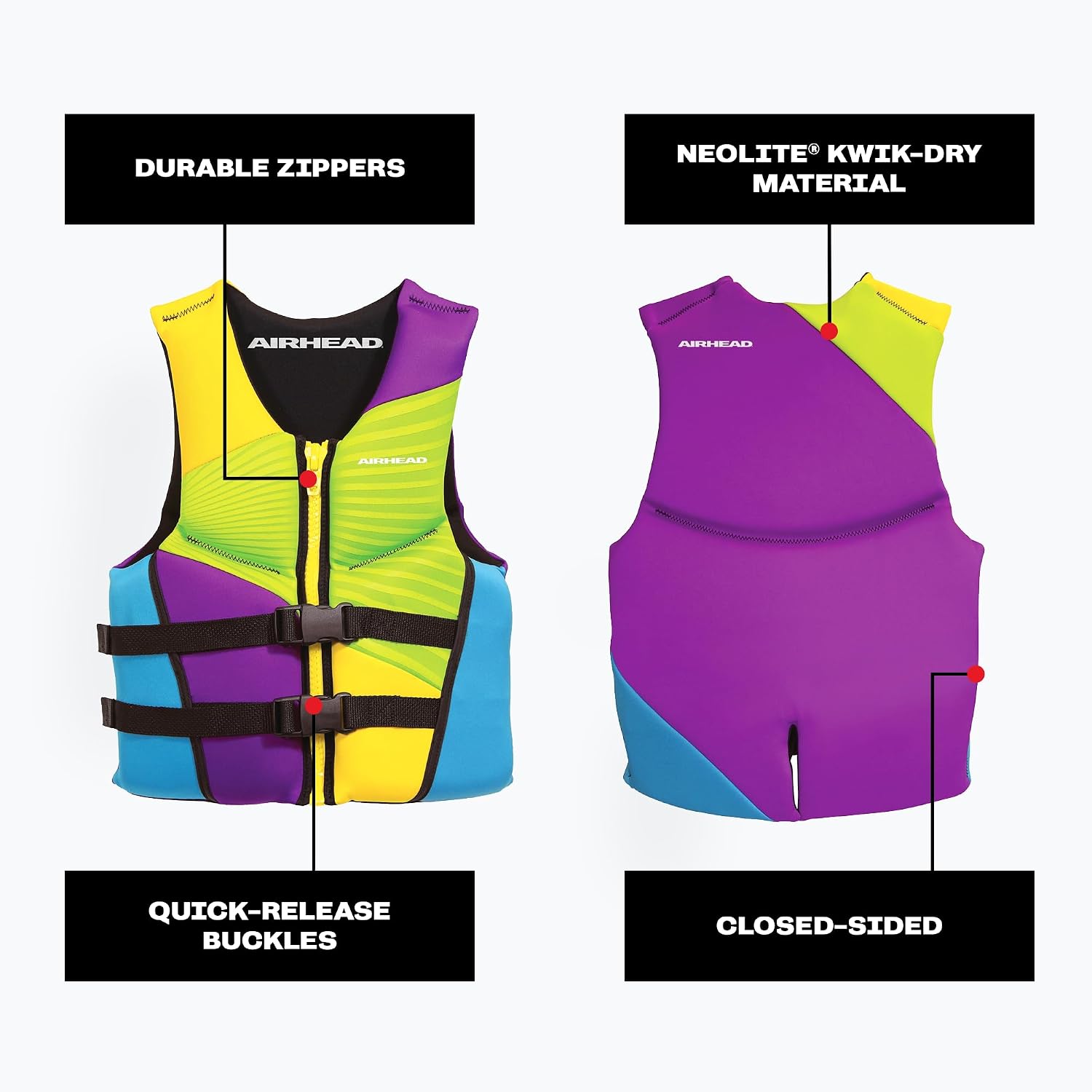 Airhead Gnar Neolite Kwik-Dry Life Jacket - USCG Approved Type III PFD Life Vest, Lightweight Flexible Fit for Boating, Tubing & Watersports, Quick-Dry Soft Material