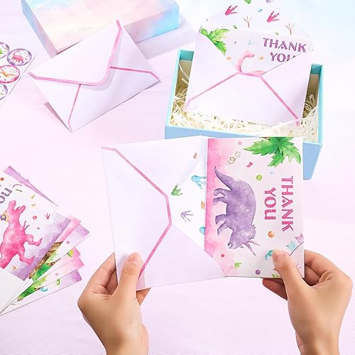 Vista 6 de WERNNSAI Tarjetas de agradecimiento de dinosaurios, 24 unidades, decoraciones de cumpleaños de dinosaurios rosados, tarjetas de felicitación