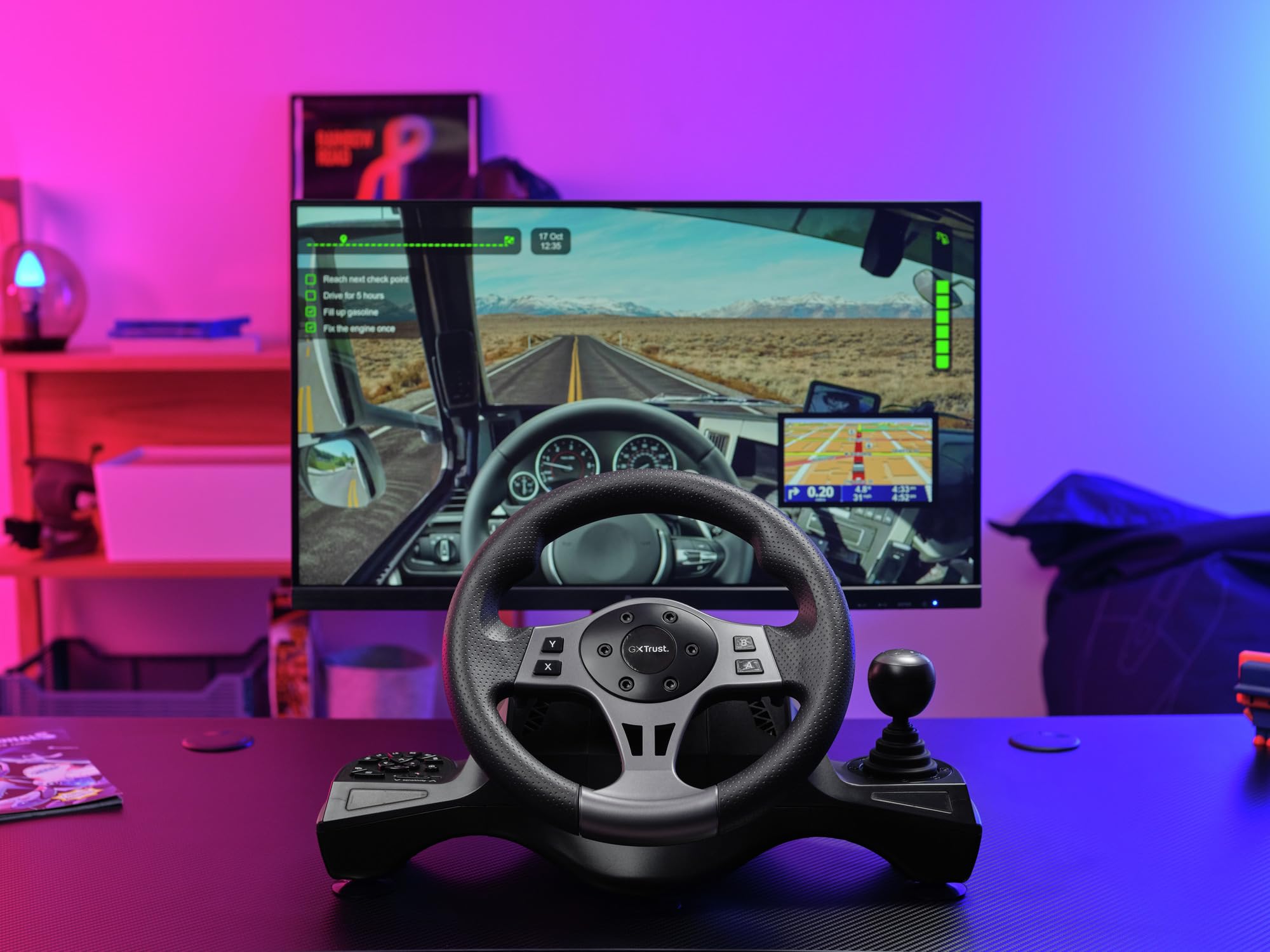 GXTrust Movi Volante per PC, Volante da Corsa da Gaming con Pedali e Leva del Cambio per Simulatore di Guida/Farming Simulator / F1 / Gran Turismo
