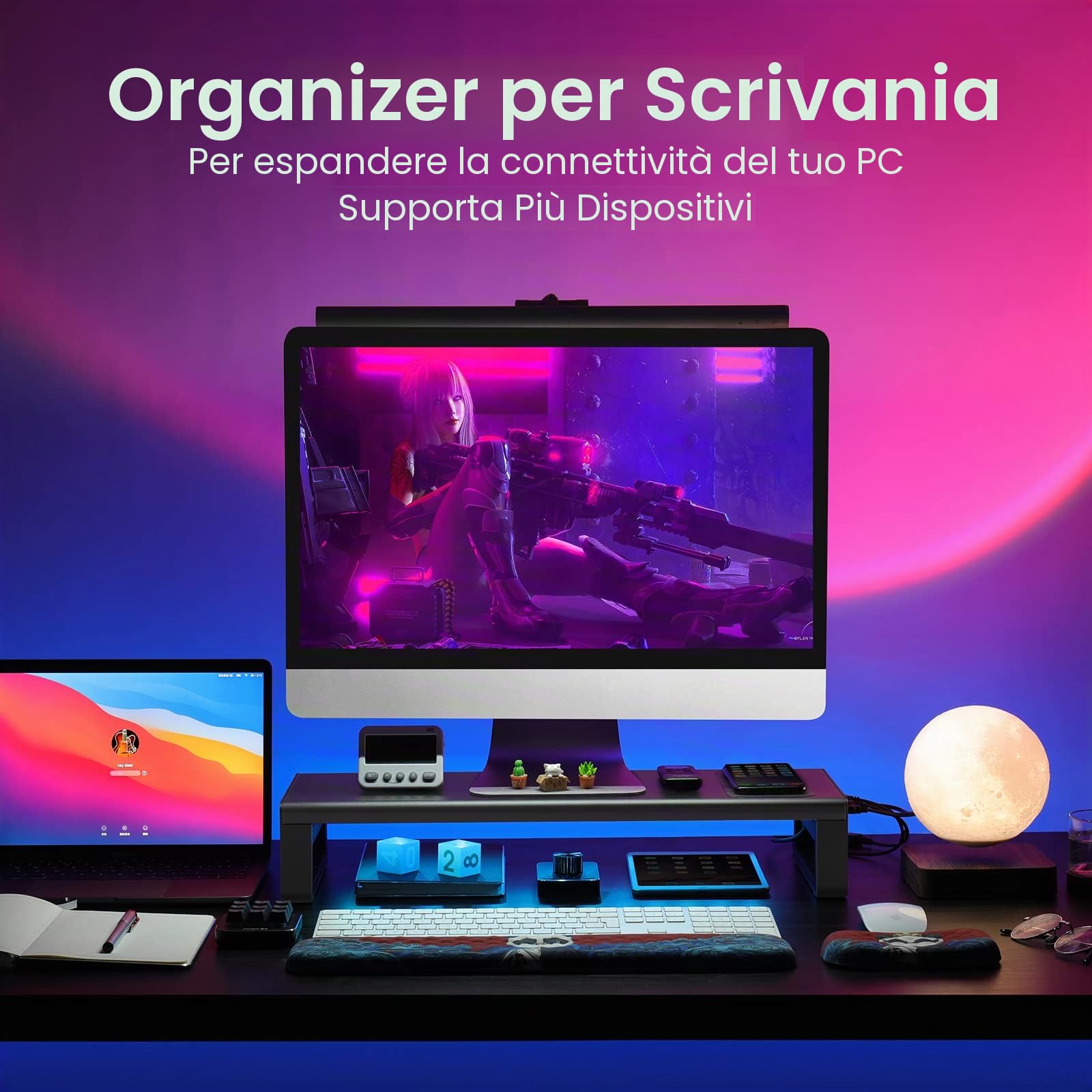 VAYDEER Supporto per 2 Monitor con Ricarica Wireless e 4 USB, Nero | Rialza il monitor e crea spazio per tastiera, mouse e accessori, aiutando a mantenere ordinata la postazione.