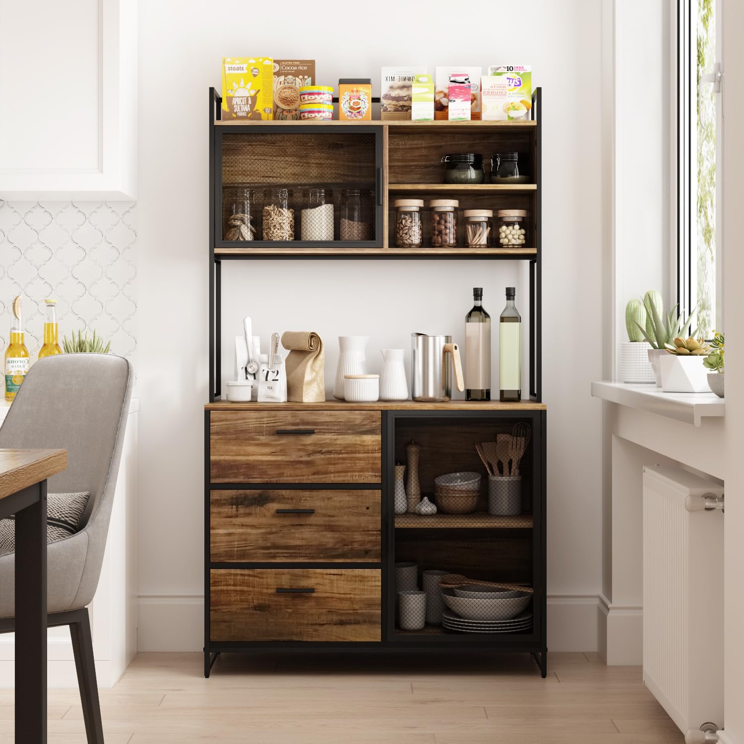 Armadietto da cucina alto a buffet, con 3 cassetti e 2 ante, stile industriale, ripiano aperto, forno a microonde, 100 x 40 x 175 cm, legno + ferro