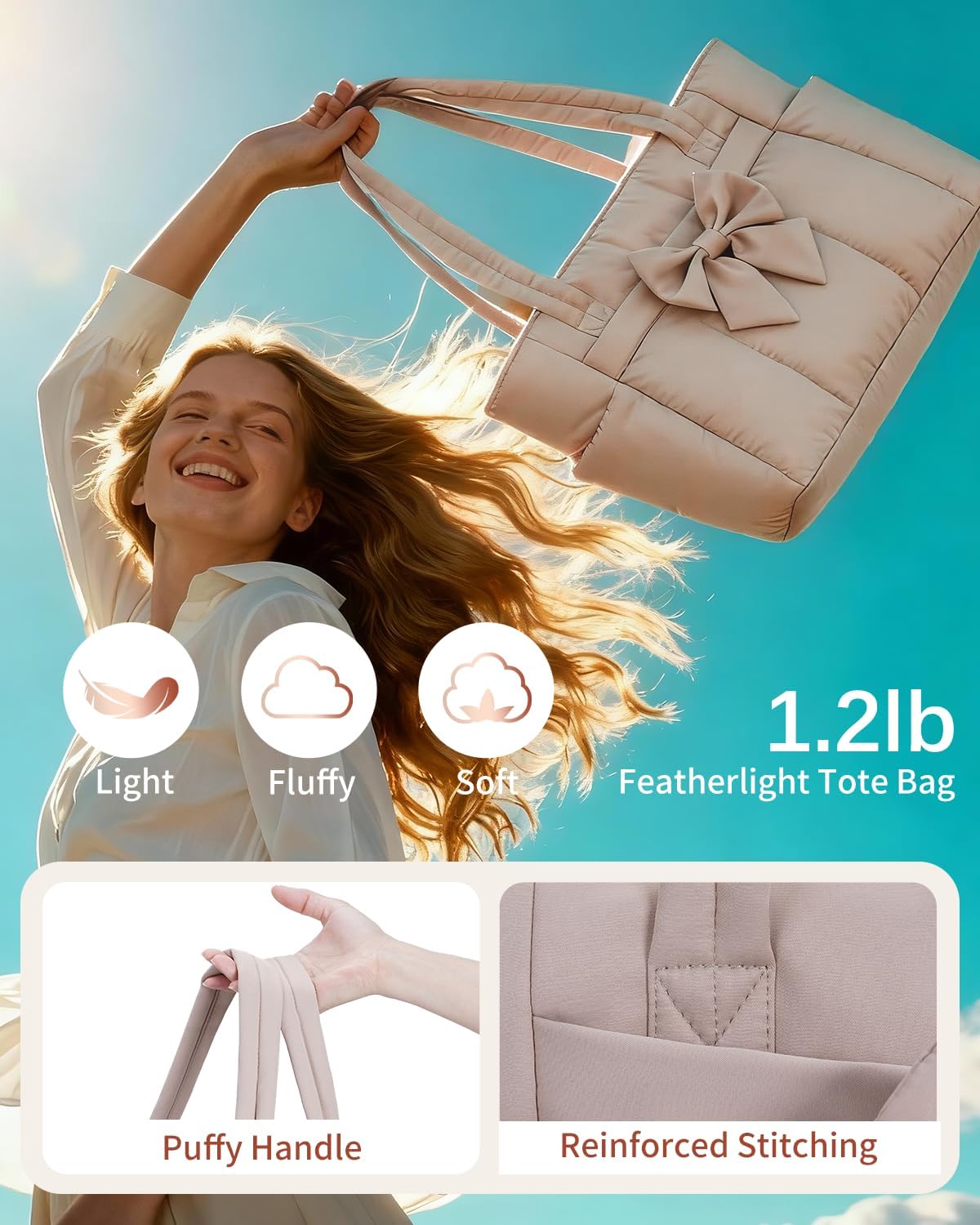 Wandering Nature Puffer Tote Bag for Women, Fits 40oz Tumbler&15.6" Laptop, Nurse Work Bag with Detachable Bow for Gym Travel - Image 6