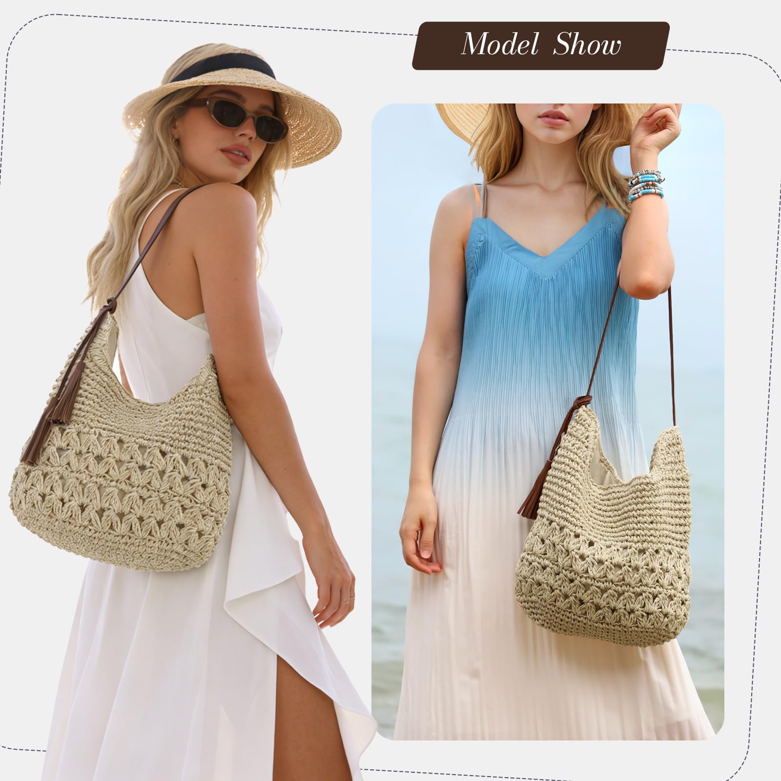 Femme Tissé en Paille Sac à Bandoulière Plage d'été Sac Fourre-tout Fait Main Au Crochet Sac Hobo Pour les Vacances