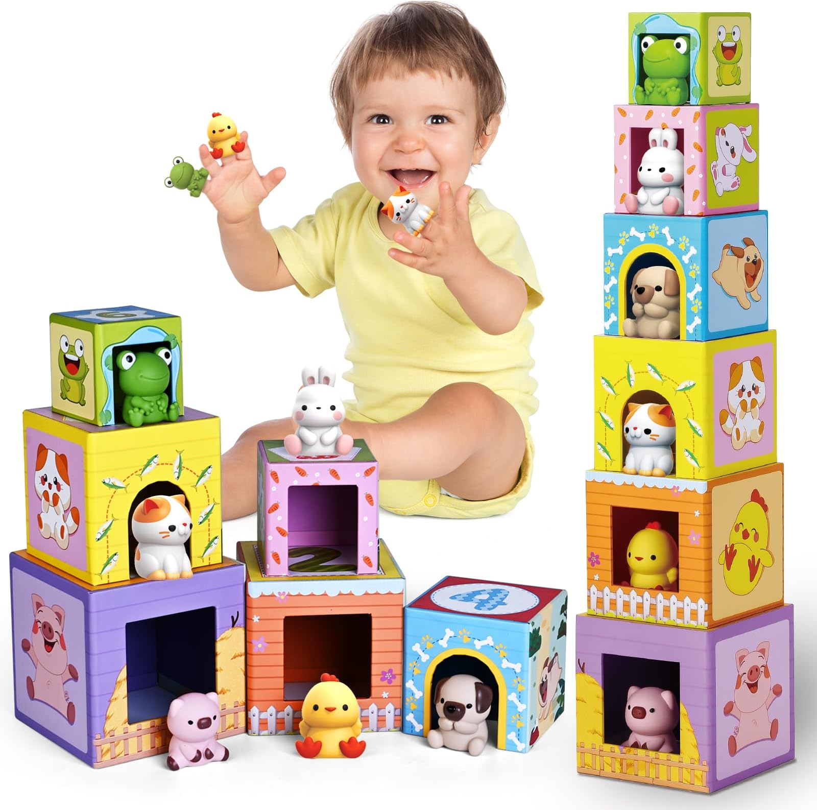 ShyLizard Toddler Farm Animal Sorting and Stacking Toys, Nesting Boxes and Blocks With Finger Puppets - Gifts for 1-3 Year Olds
