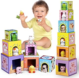 ShyLizard Toddler Toys for 1 2 3 Year Old Kids, Farm Animals Sorting and Stacking Toys, Nesting Boxes Toy Sets, Gifts for Babies Age 1 2 3, Nesting and Stacking Blocks Toys with Animals Finger Puppets