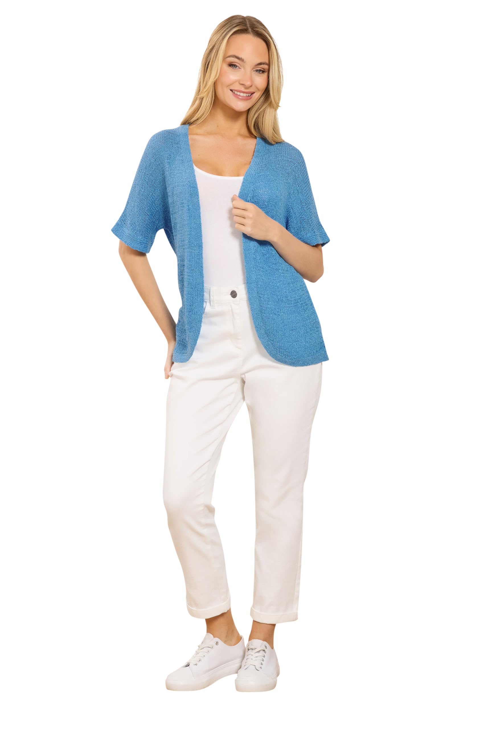 M&Co Women's Blue Short Sleeve Tape Knit Cardigan In Size 10-12