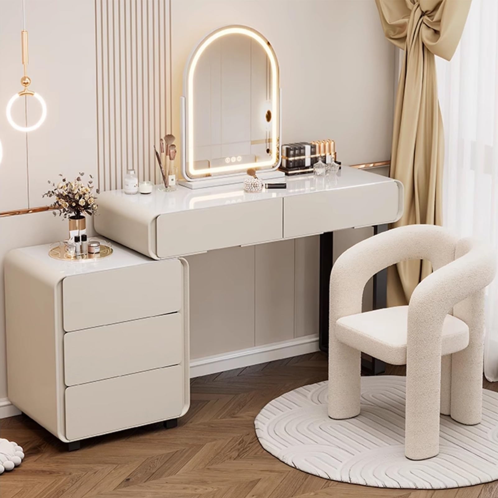 asdchZen Dressing Table With Arched Mirror & 3-Color Dimmable Lights, Makeup Vanity Set With 5 Drawers & Side Cabinet, Stylish Makeup Desk & Chair, Easy Assembly,White-80cm/31.5in