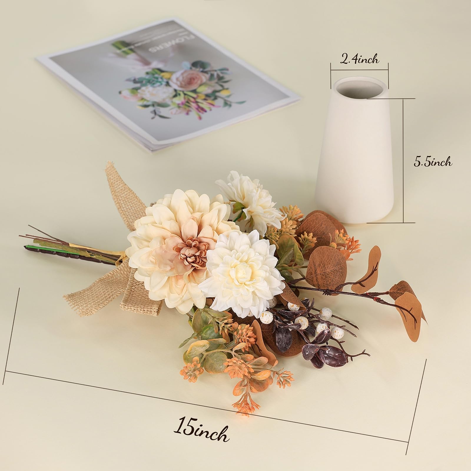 Pequeñas flores artificiales en jarrón de cerámica de 15 pulgadas, centros de mesa de café, arreglos florales de seda, ramo falso de interior para comedor, cocina, boda, decoración del 3