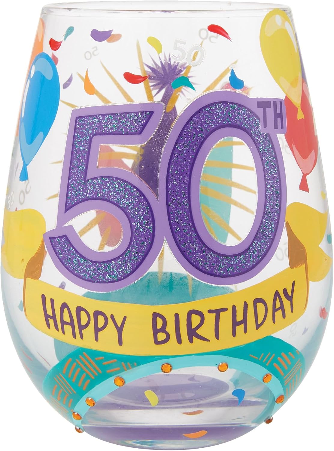 Enesco Lolita Designs Happy 50th Birthday Hand-Painted Artisan Stemless Wine Glass, 20 Ounce, Multicolor