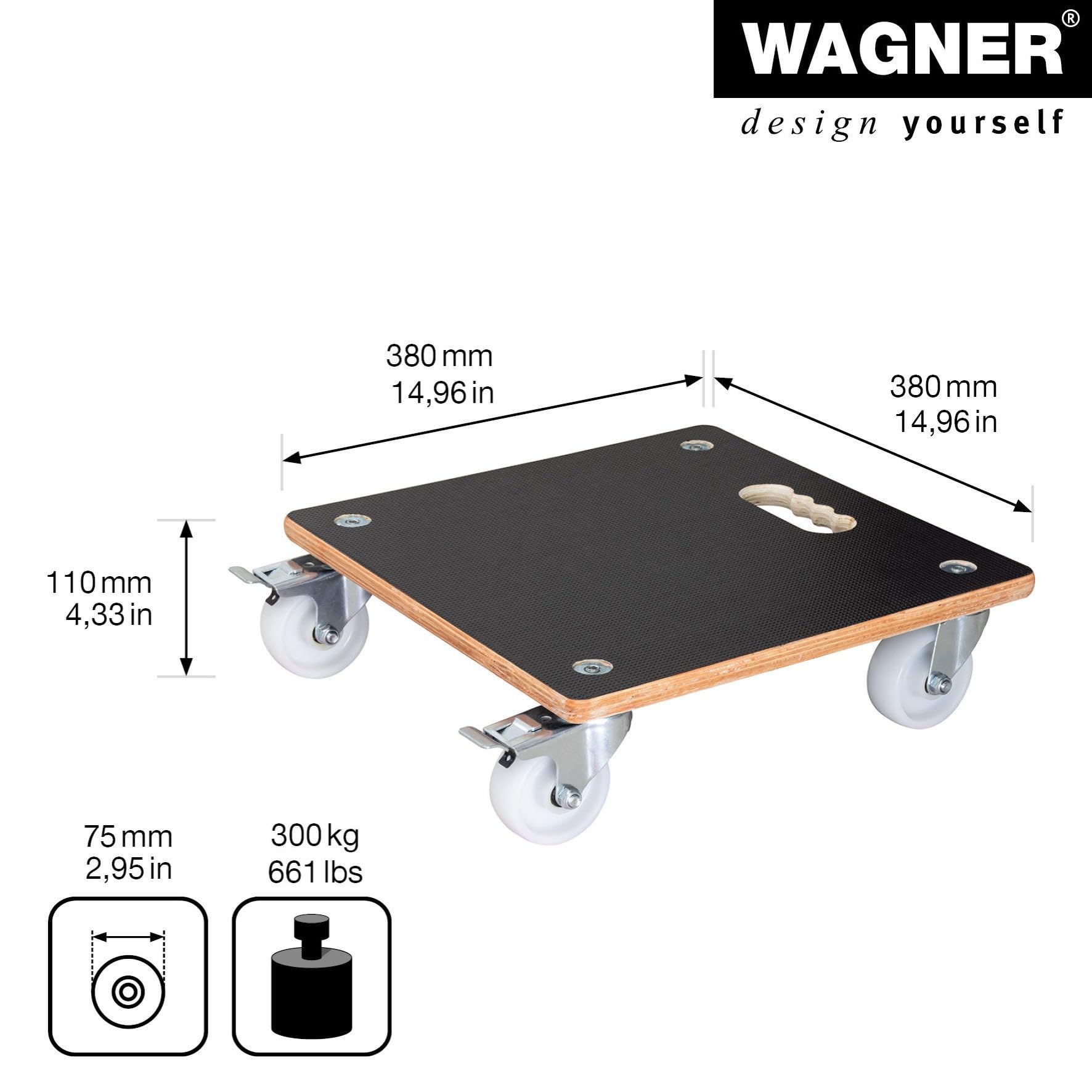 Wagner Carrello per Piante Maxigrip 38 x 38 x 11 cm I Portavaso per Interni ed Esterni I Carrello in Legno FSC® con 2 Ruote con Freno I Portata 250 kg I Made in Germany - 20133801
