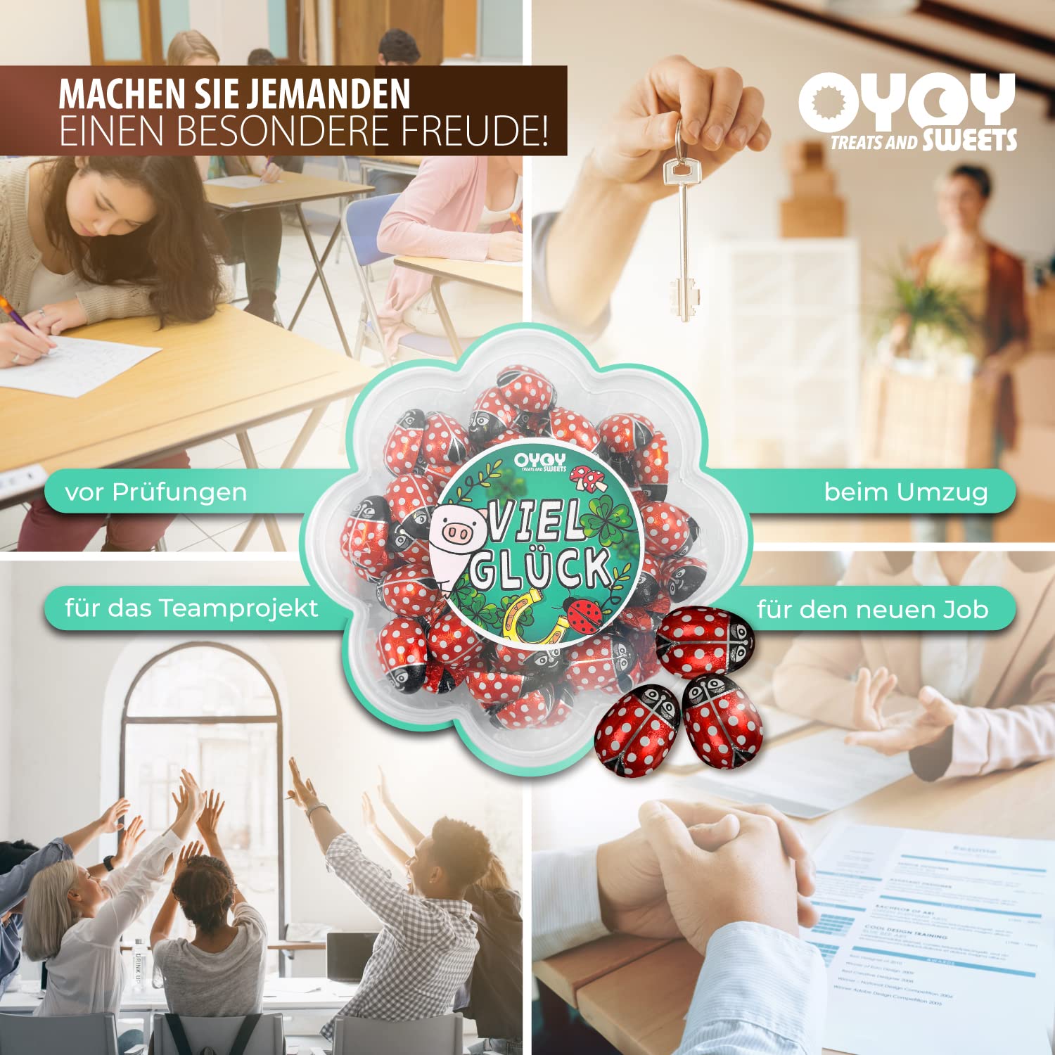 OYOY Pudełko na prezent z motywem kwiatu z motywem biedronki, czekolady, 500 g, pudełko na słodycze, czekolada na szczęście, talizman, czekolada