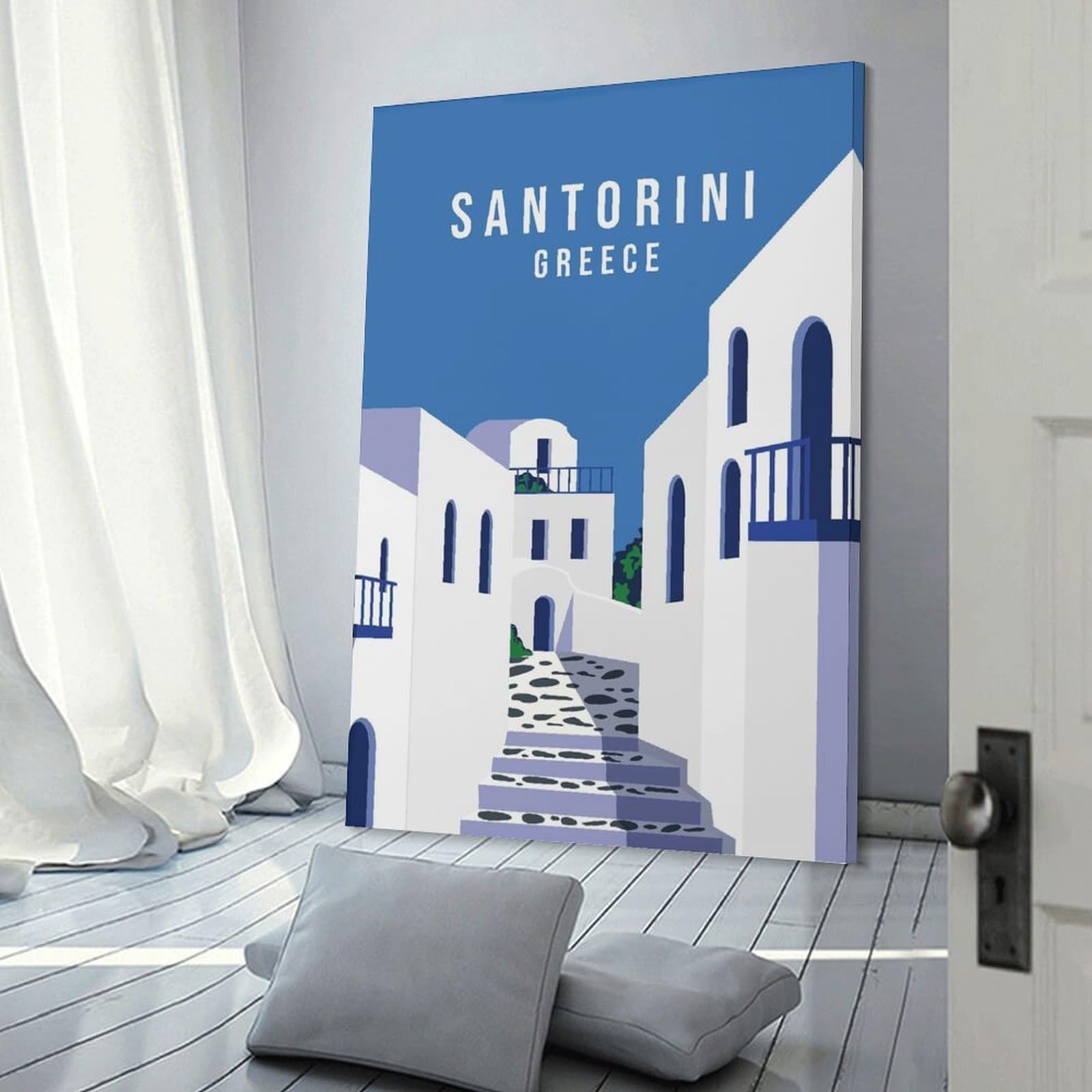 Junmoney Wall Art Print Welcome Santorini, 12x18inch(30x45cm), for Study, Office Or Focused Interiors, Decorative Artwork for Productive Spaces