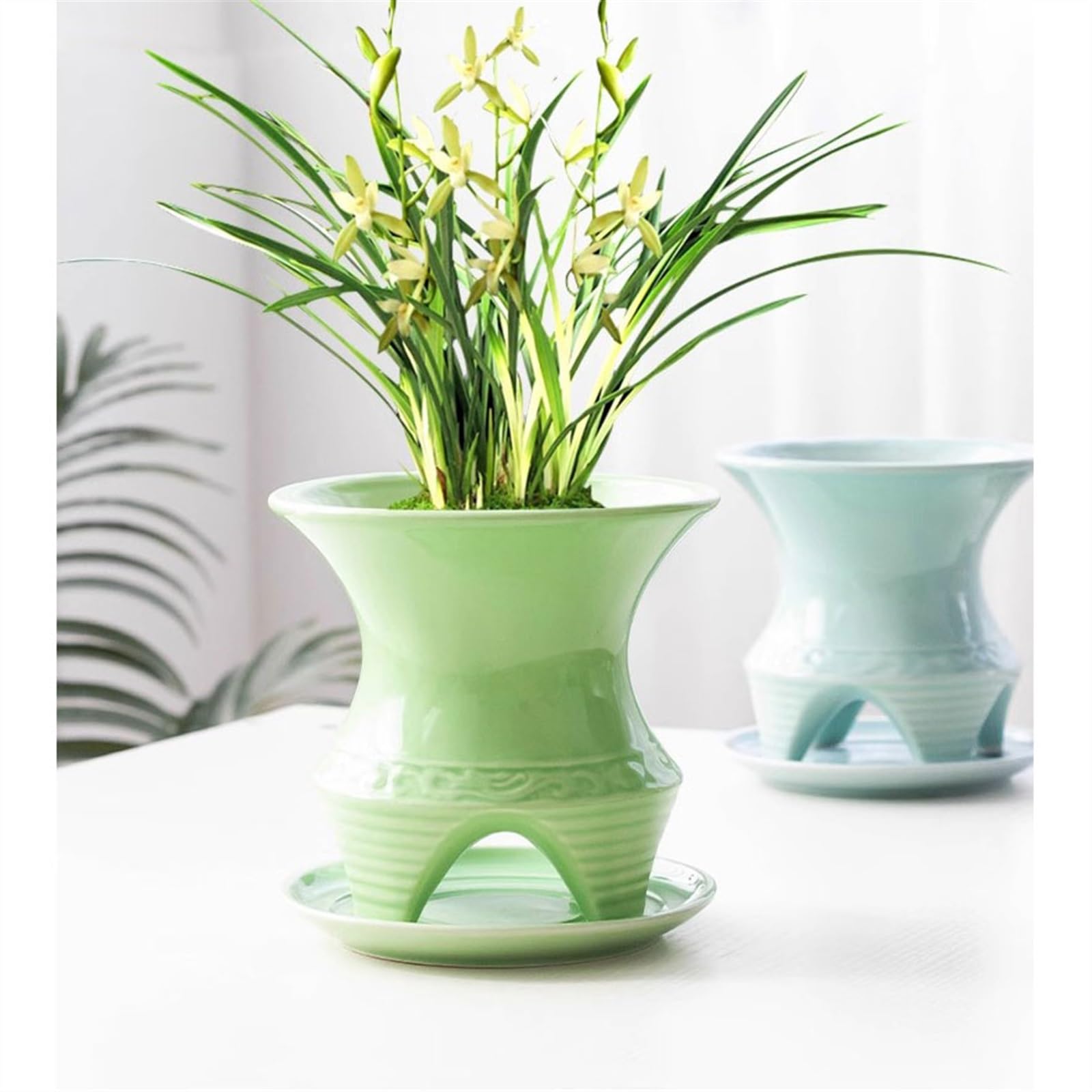 Pot de Fleur Pots de Fleurs Succulents en céramique Simples, for Usage Domestique, orchidées suspendues Respirantes, Plantes Vertes, Pot de Grand Calibre Cache Pot ceramique(Blue with Tray)