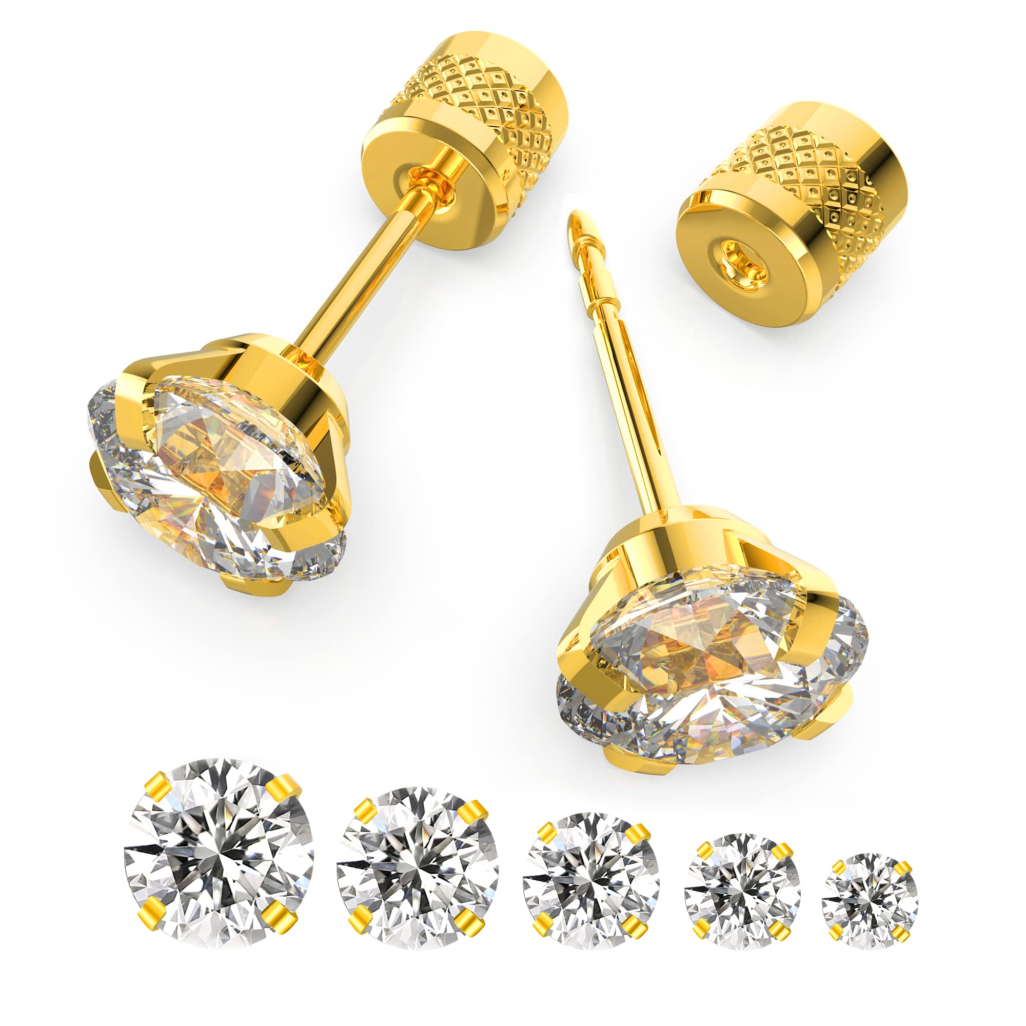 5-6 pairs Push-in Flat Back Stud Earrings Hypoallergenic Surgical Stainless Steel Cubic Zirconia Earrings Studs Set Multi-Pack, CZ Stud Earrings for