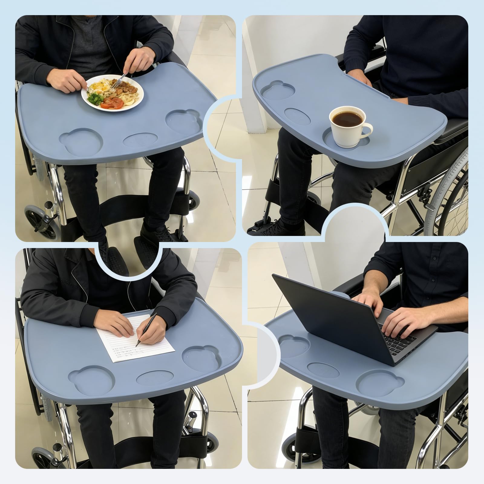Mesa con bandeja para silla de ruedas, mesa extraíble para silla de ruedas, ayuda para comer para pacientes lactantes, se adapta a brazos de silla de ruedas de 16 a 20 pulgadas (gris)