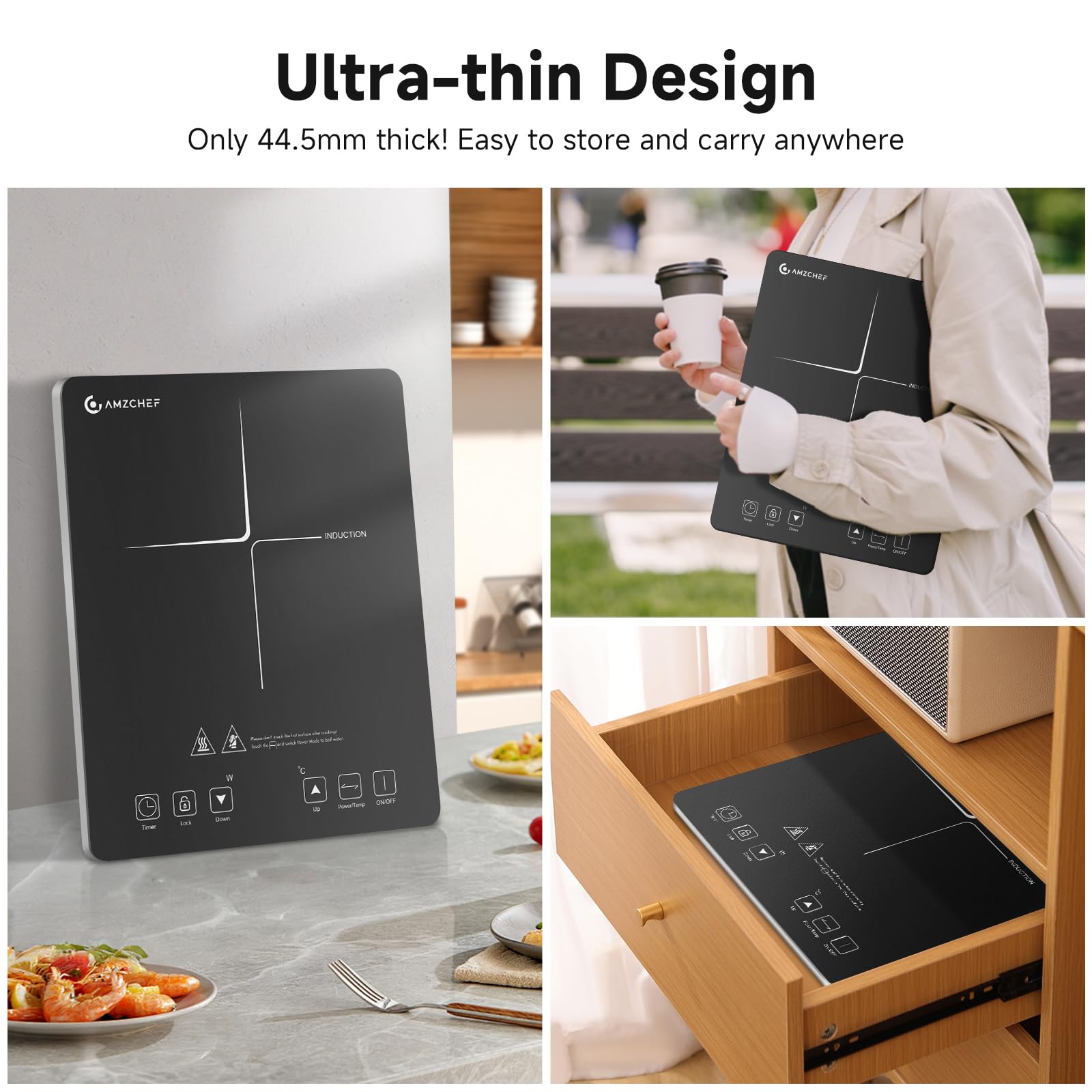 Piastra ad induzione,AMZCHEF piano Cottura a induzione elettrica con superficie in vetro cristallo nero, design portatile ultrasottile, controllo touch sensor e blocco di sicurezza,2000W