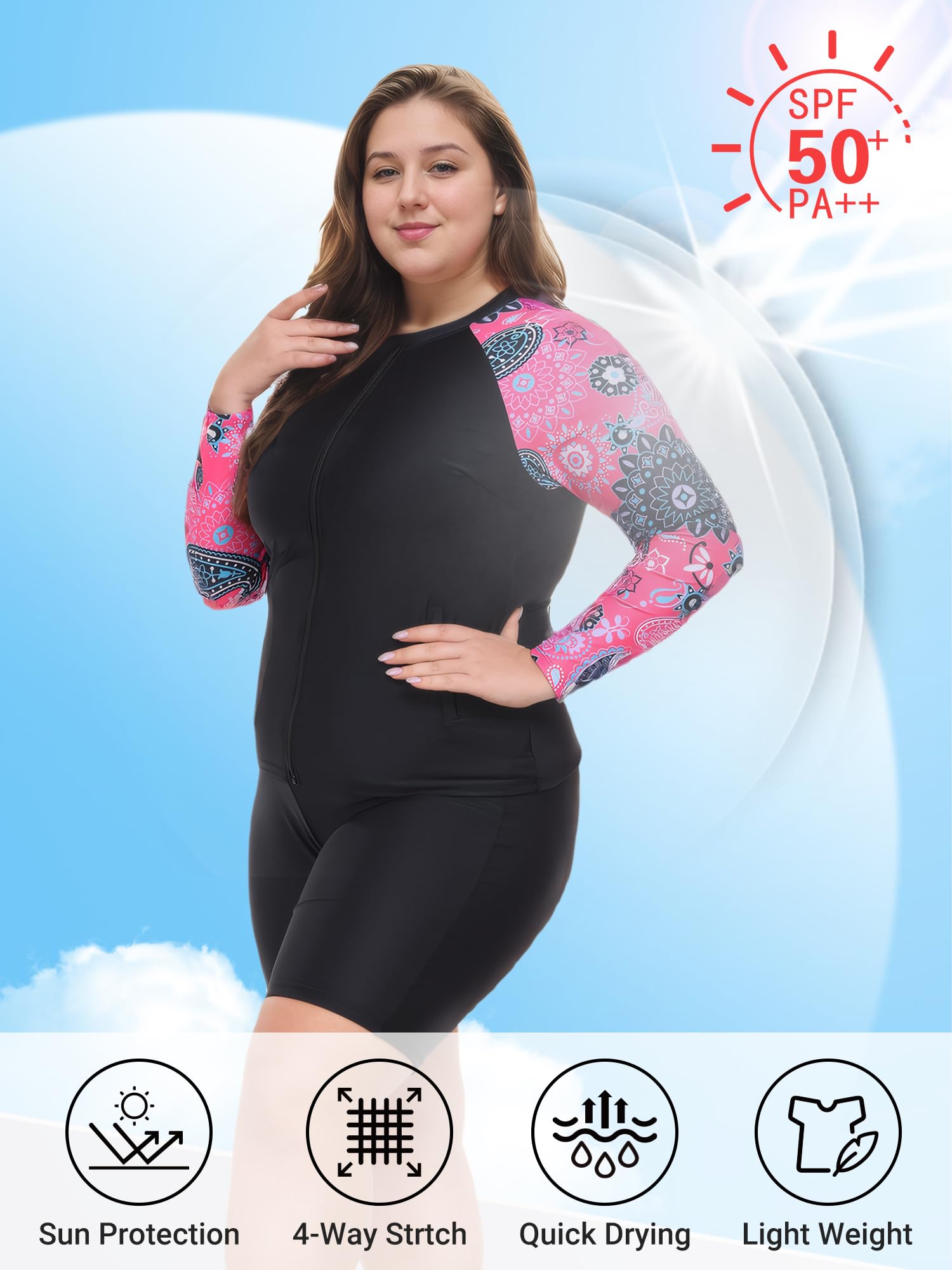 Owntop Maillot de bain 2 pièces UPF 50+ à manches longues avec fermeture éclair et short taille haute pour femme Natation Surf