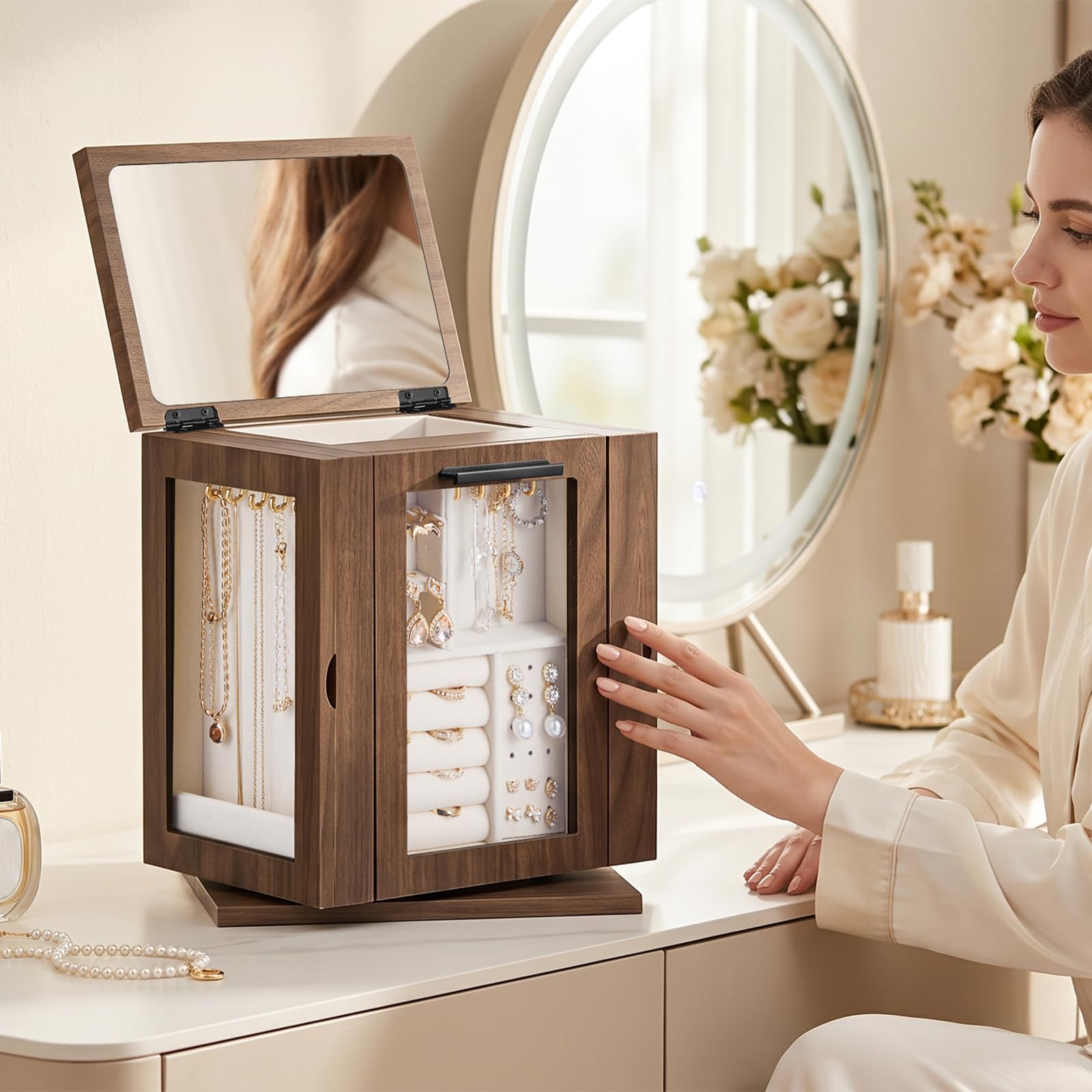 HOOBRO Caja Joyero de Gran Capacidad Giratoria de 360° con 4 Cajones y Espejo, Organizador de Joyas con 3 Puertas de Acrílico, Caja para Collares, Anillos, Pulseras, Nogal EB31JB04