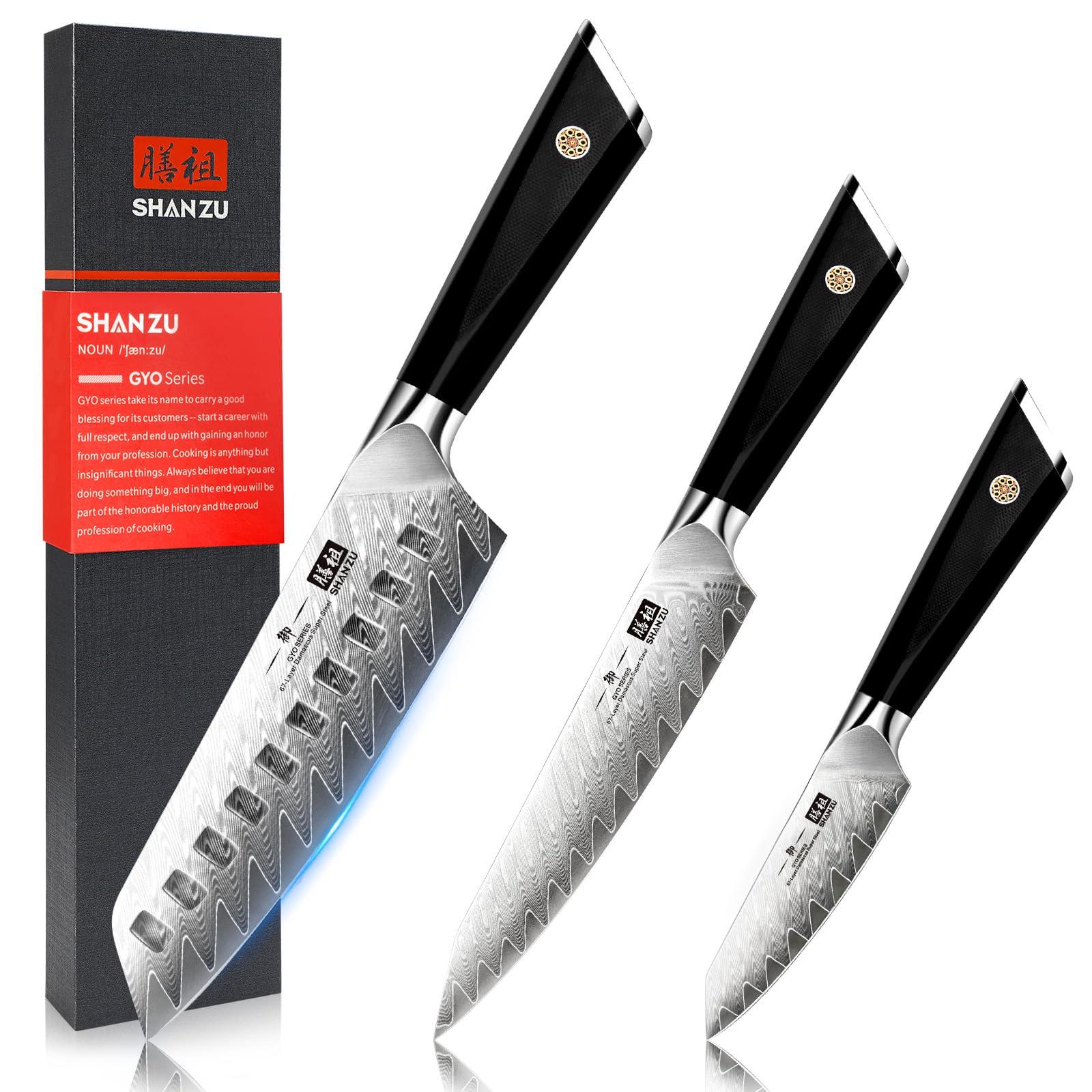 SHANZU 3PCS Damascus Chef Knife Set, 67-Layer High Carbon Steel Kitchen Knife,Ultra Sharp Japanese Chef Knife,Professional Kitchen Utility Knives with G10 Ergonomic Handle Cooking Knife with Gift Box