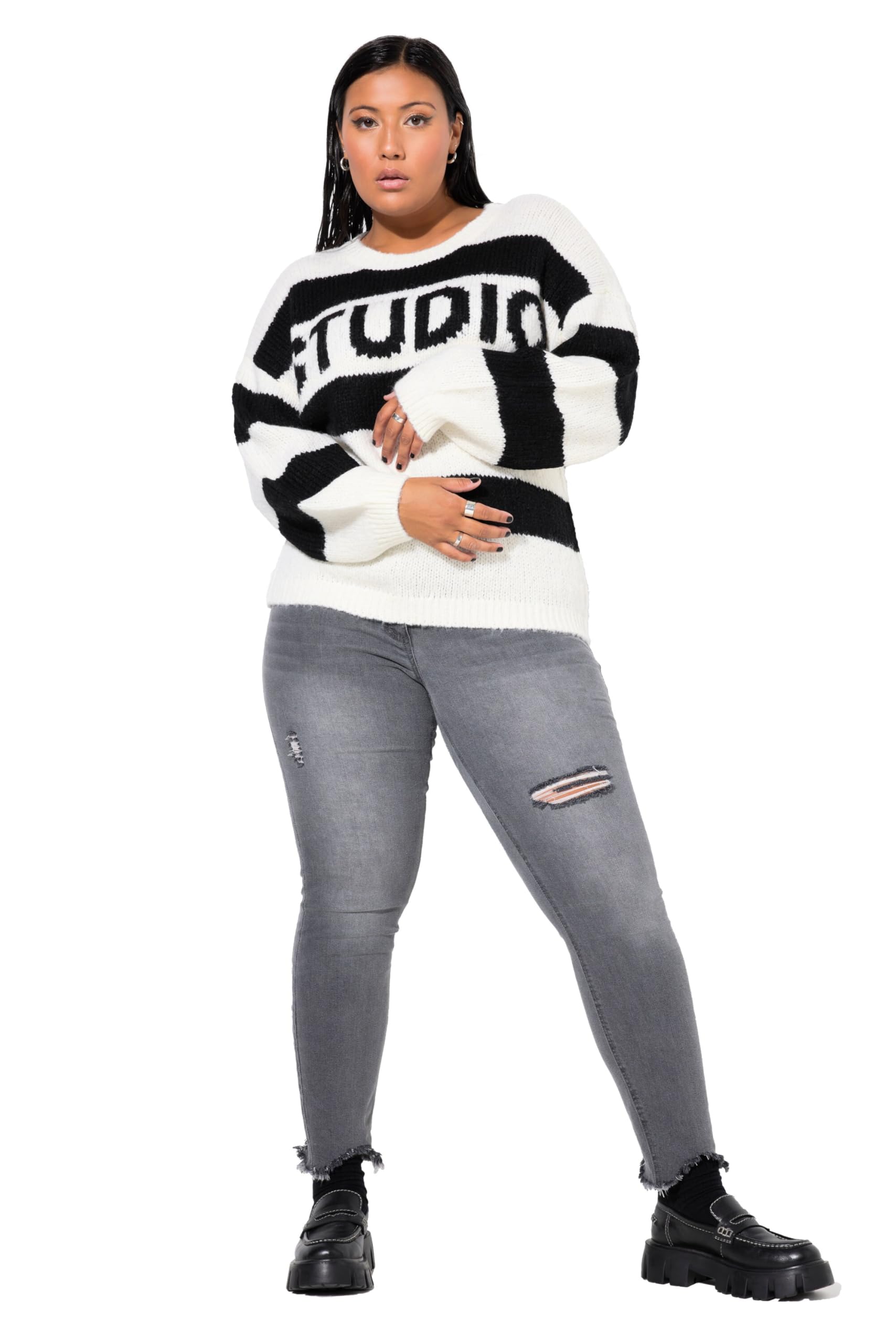 Studio Untold Damen große Größen Übergrößen Plus Size Skinny-Jeans, High Waist, Destroy-Effekten, Fransensaum 836881