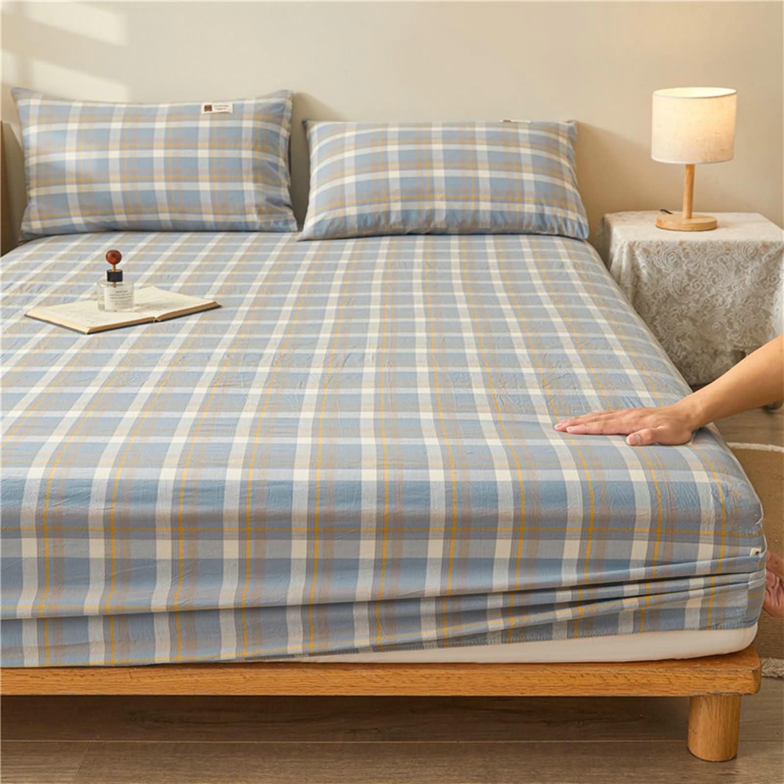 Gualiy 135x200cm Spannbetttuch, Spannbettlaken Set Blau Streifenmuster Baumwolle Matratzenhöhe bis 5-25cm