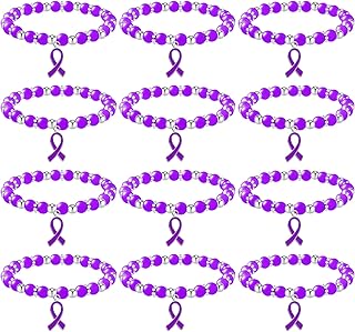 Purple Ribbon Pancreatic Cancer Bracelets with Ribbon Charm for Women Girls Adjustable Cancer Awareness Beaded Stretch Bracelet Pancreatic Cancer Item for Cancer Survivor Gift