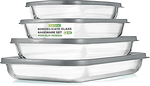 NutriChef 4 juegos de utensilios de vidrio para hornear, bandeja rectangular de vidrio de borosilicato con tapas de polietileno gris sin BPA,