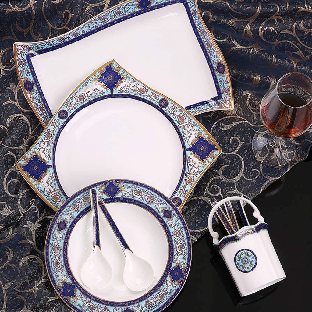 SAeWare Juego de vajilla de cerámica con 55 piezas/cuenco/olla de sopa/cuchara, vajilla de porcelana de hueso, juego de combinación de porcelana con patrón de jardín azul