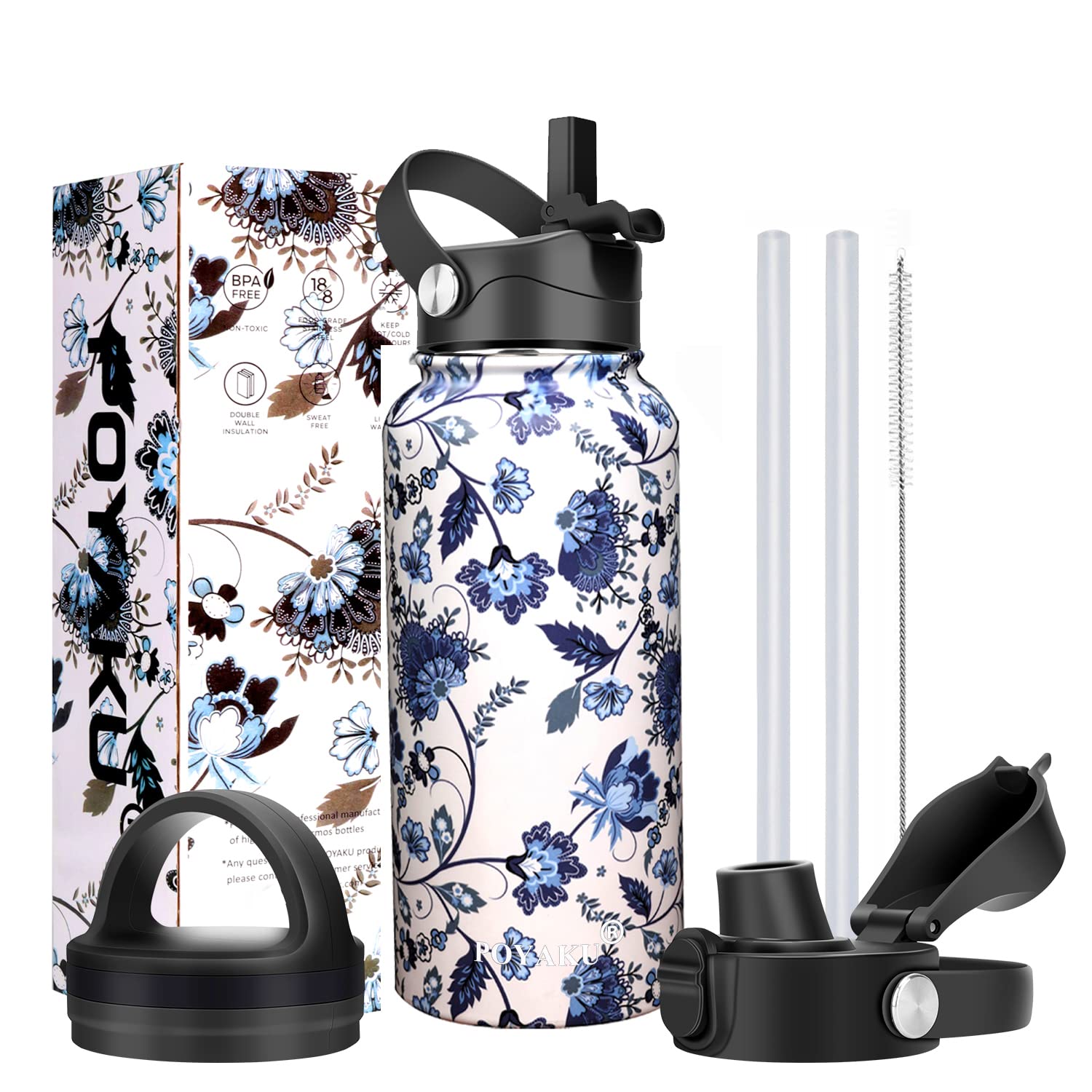 Water Bottle Insulated 32oz 40oz 64oz 128oz Straw Lid Spout Lid & 3 Lids, Leak Proof, Vacuum Insulated,Stainless Steel Water Bottle Wide Mouth for