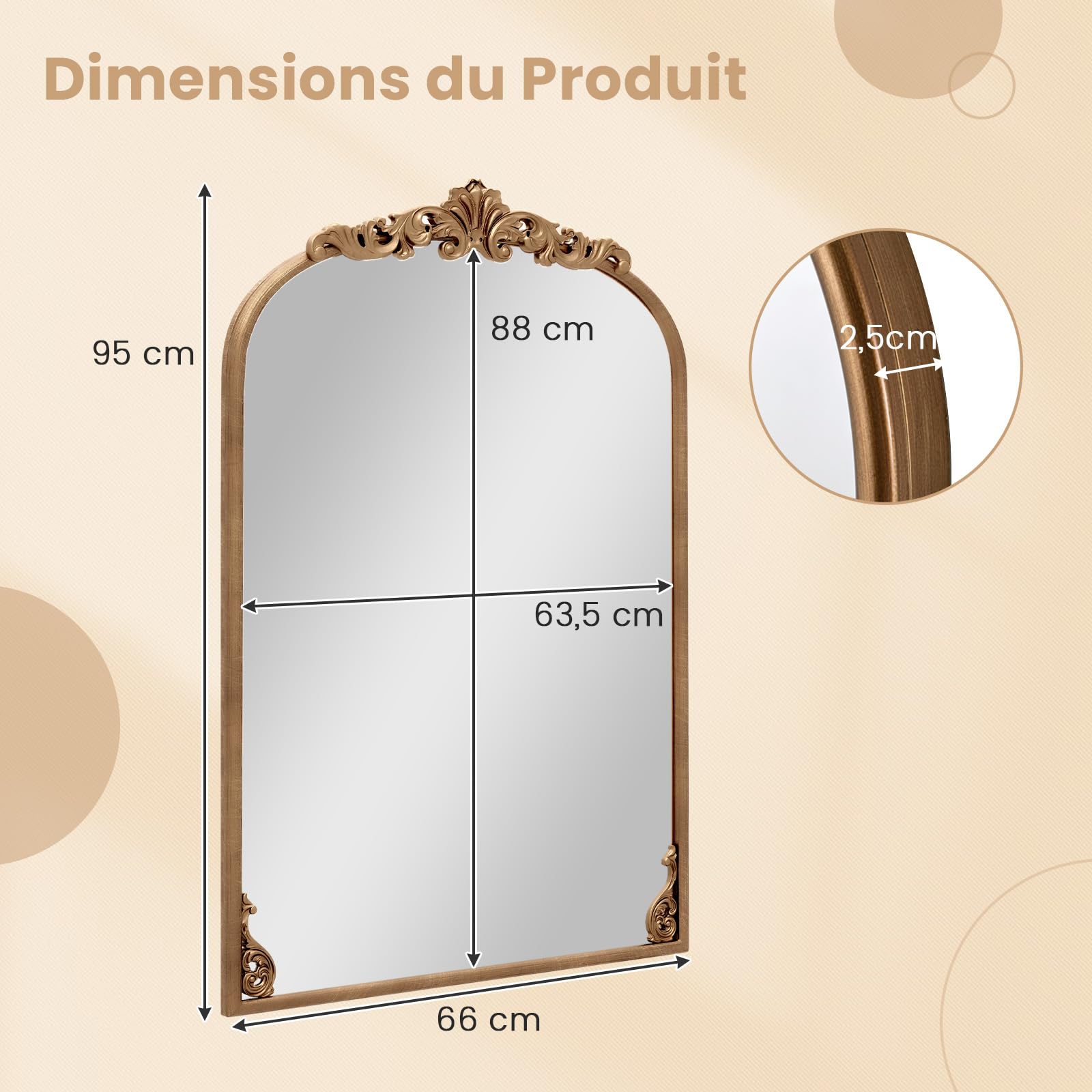 COSTWAY Miroir Mural Arch, Cadre en Métal, Grand Miroir Mural Baroque pour Salon Chambre Entrée, Réflexion HD, 2 Crochets de Suspension, Installation Facile (95 x 66 cm)