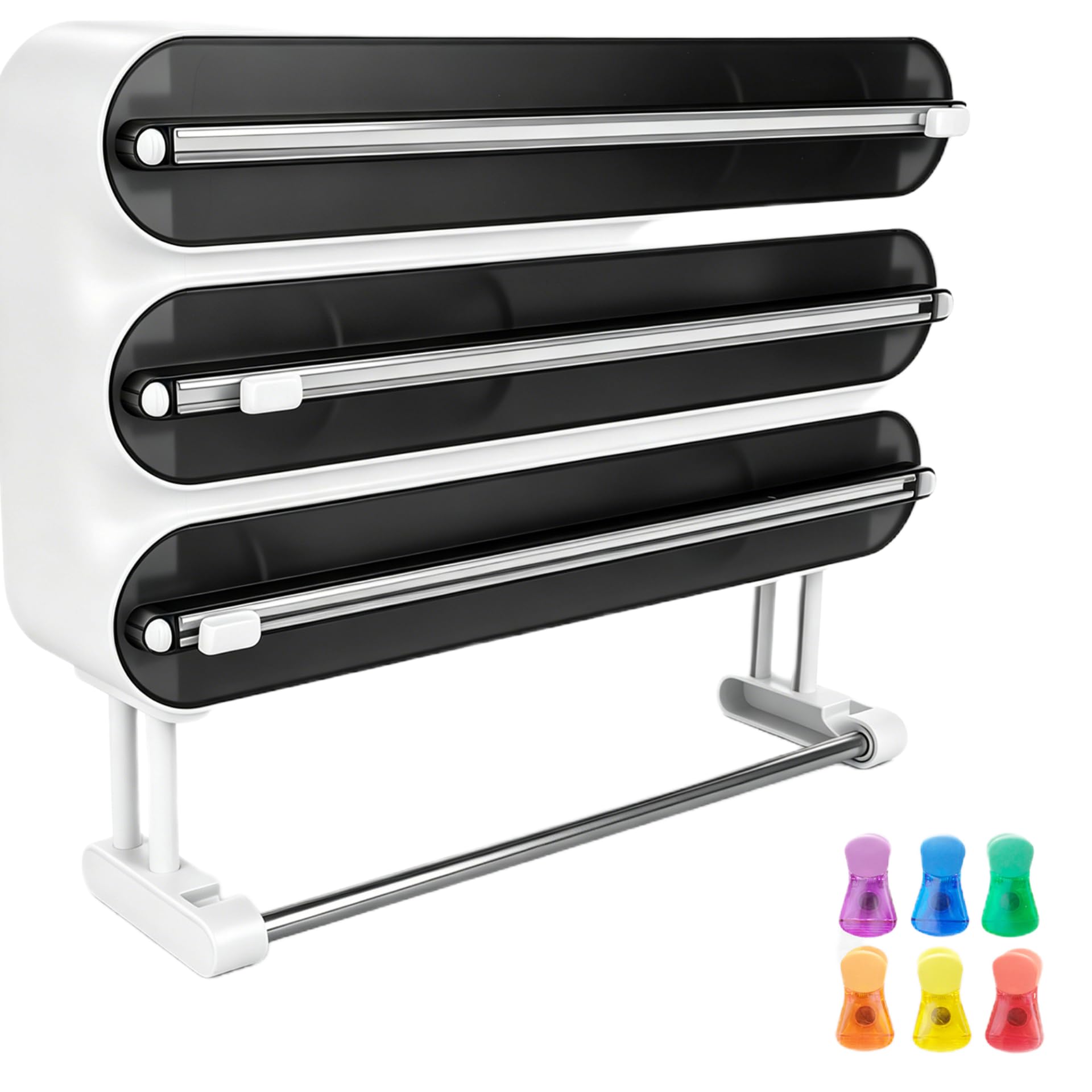 Dispensador de Papel Film y Aluminio & Soporte para Rollos de Cocina 4 en 1, Portarrollos Cocina con Cortador, Sin Taladrar, Pared y Contraparte Magnética, con Clips de Cierre (Negro)