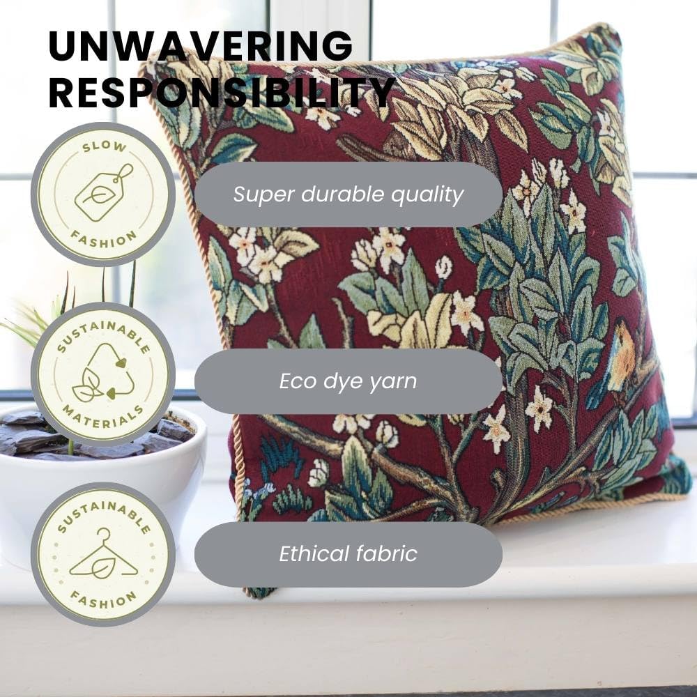 Signare William Morris Artist Tapestry Double Sided Square Throw Pillow Cover 18" x 18"/ 45cm x 45cm (No Padding) in Red Tree of Life Design