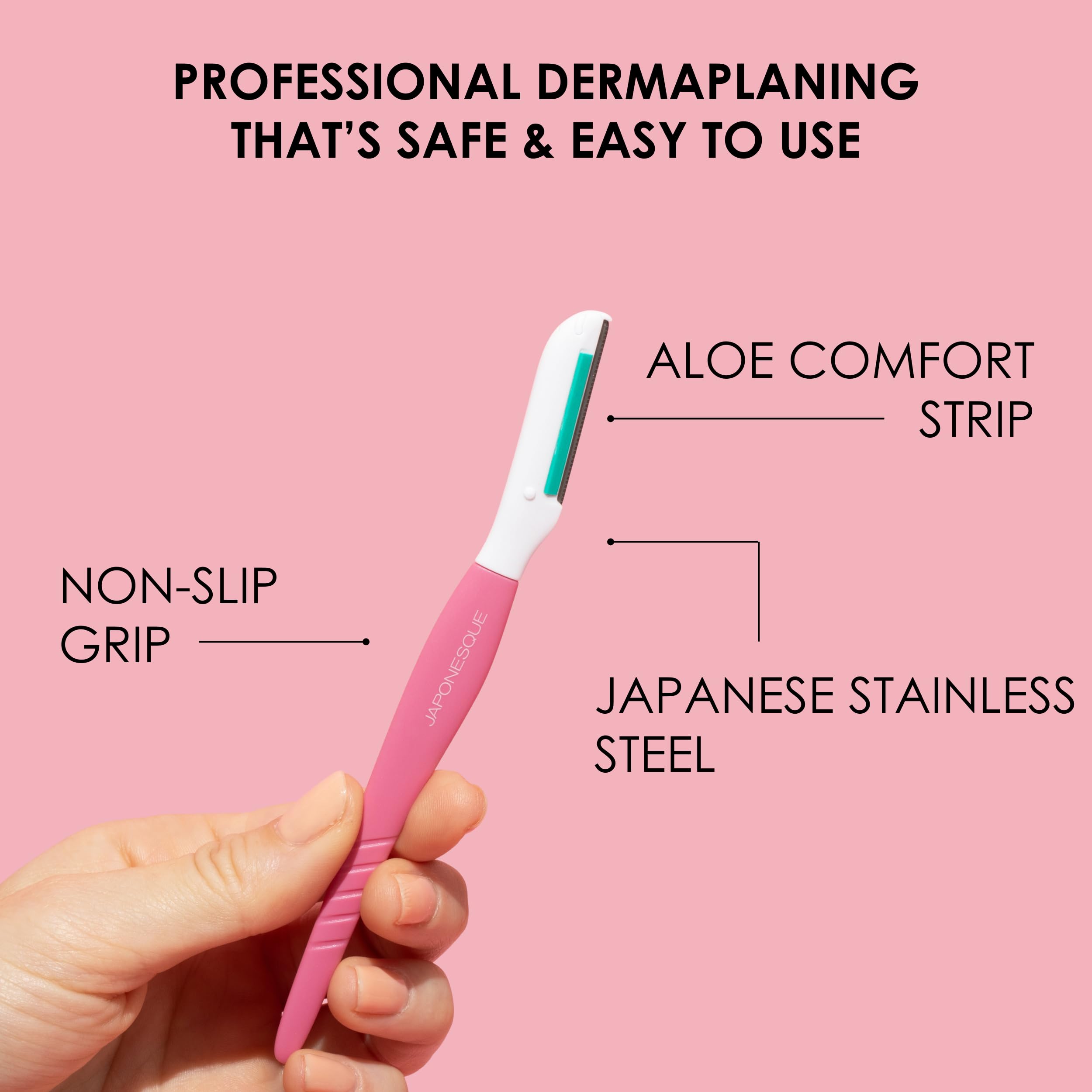 JAPONESQUE Dermaplaner with Soothing Aloe Comfort Strip - Skin Tool with Ultra Precision Blade for Facial Hair Removal and Exfoliation, 3pk.