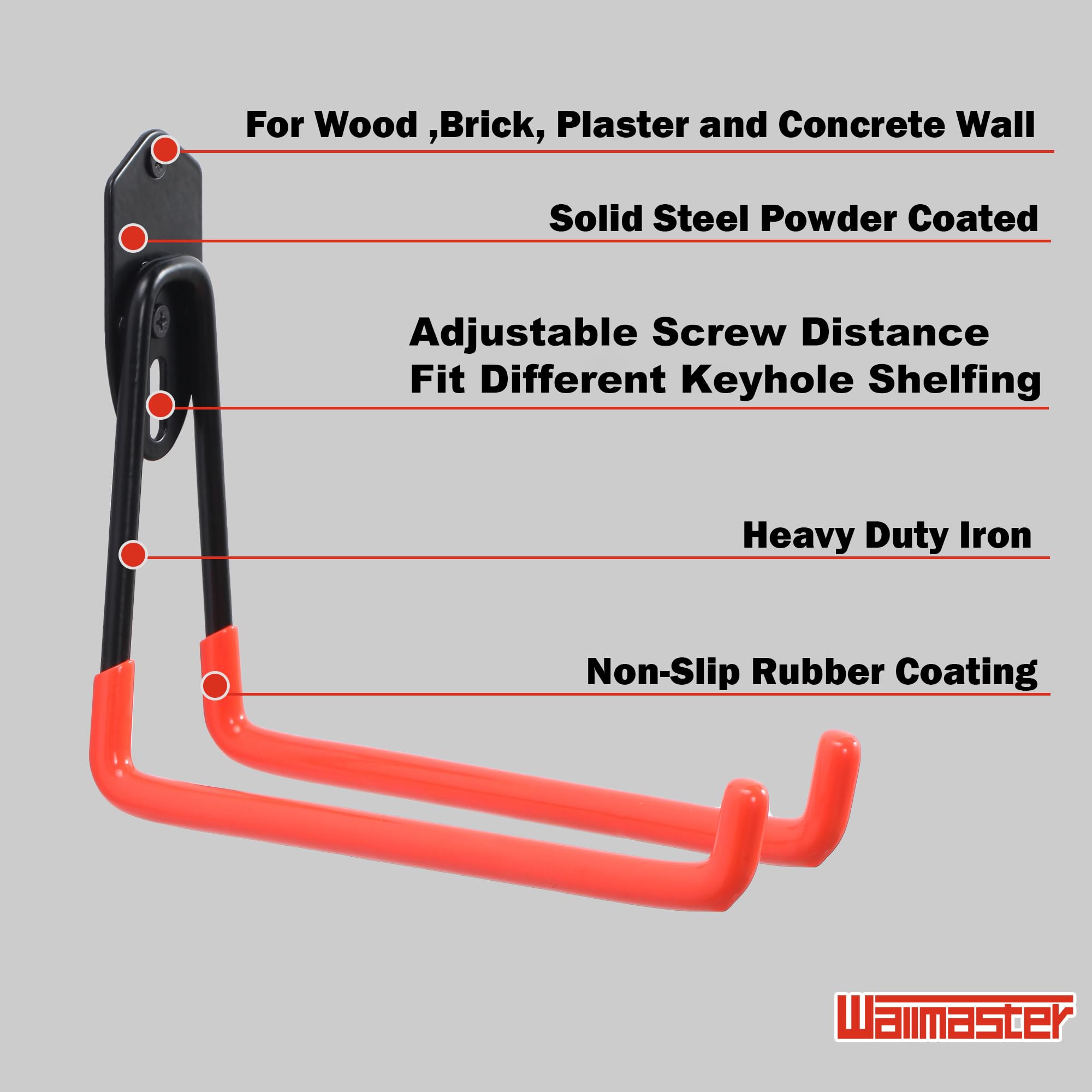 Wallmaster Kit organizador de ganchos de garaje, paquete de 12 ganchos ajustables resistentes para estanterías, montaje en pared, organización de garaje de acero, para organizar herramientas de jardín