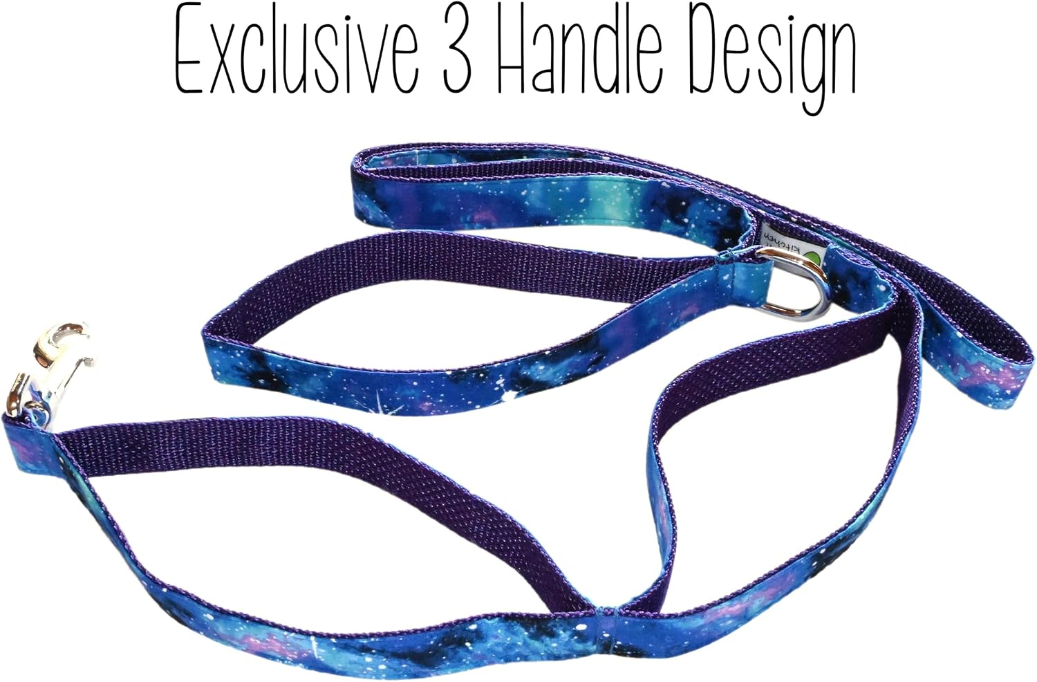 Triple Handle Dog Leash - 3 Handles at 12, 20, & 72 Inches - 6 Foot Lead - Galaxy Print on Purple Webbing - Handmade by Green Acorn Kitchen (Silver Hardware)