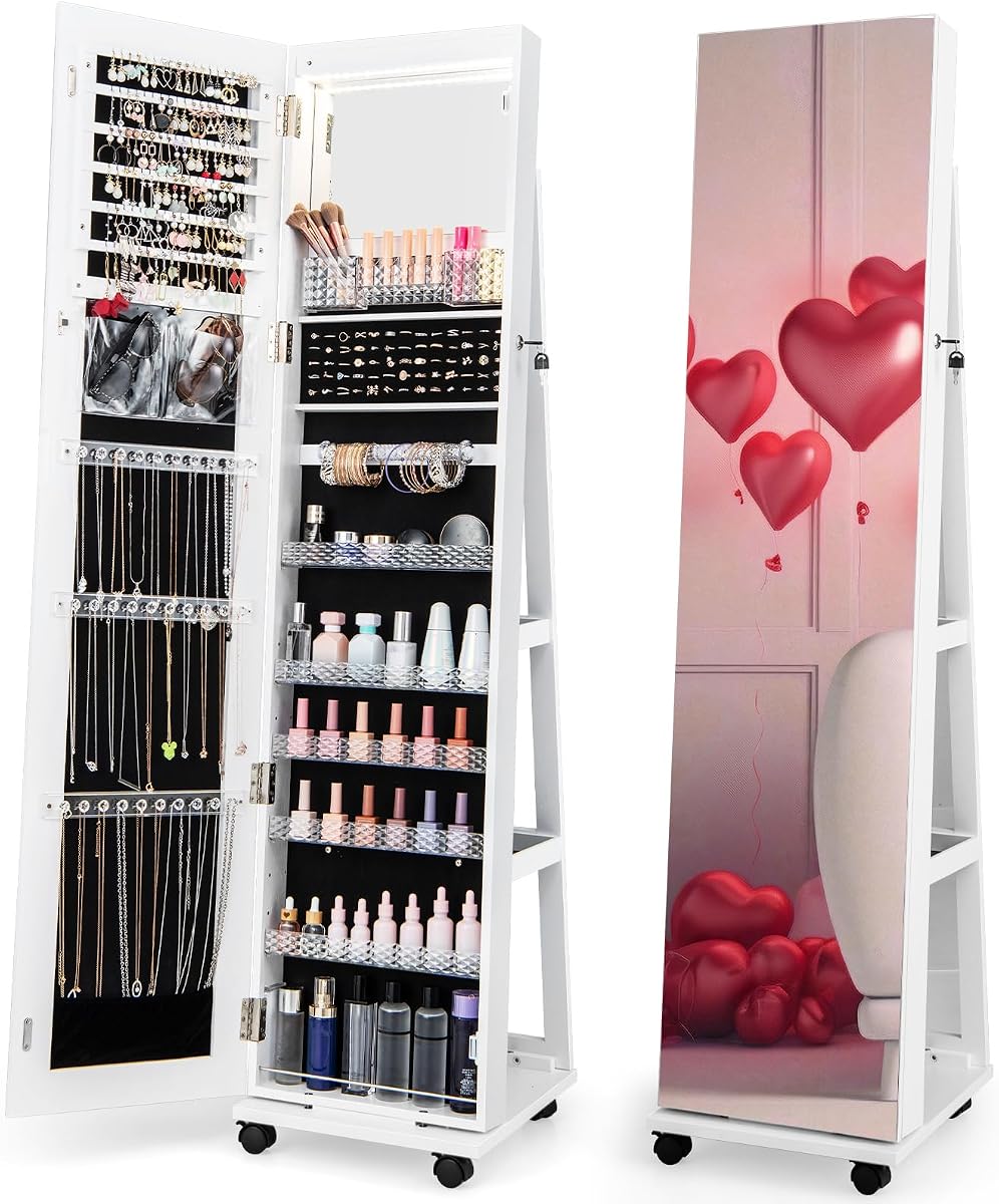 CHARMAID Jewelry Cabinet Armoire with Wheels, 64" H Full Length Mirror, 3-Color LED Lights, Height Adjustable Shelves, Lockable Standing Jewelry Organizer with Back Storage Shelves (White)