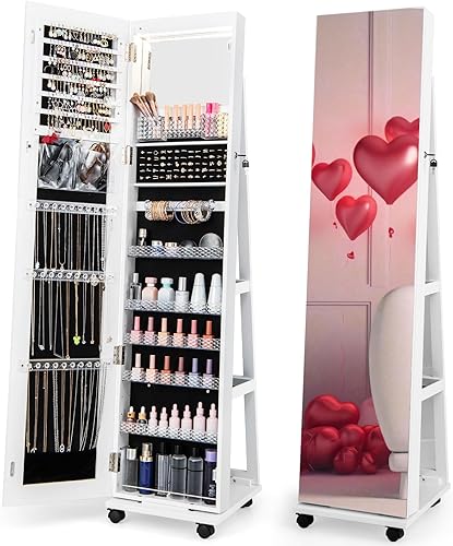 CHARMAID Armario de joyería con ruedas, espejo de longitud completa de 64 pulgadas de alto, luces LED de 3 colores, estantes ajustables en altura,