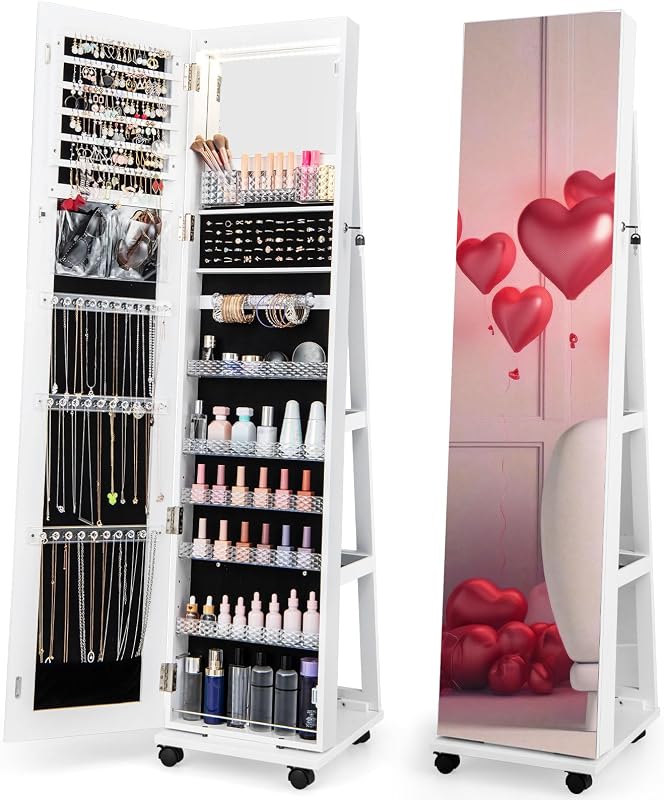 CHARMAID Jewelry Cabinet Armoire with Wheels, 64" H Full Length Mirror, 3-Color LED Lights, Height Adjustable Shelves, Lockable Standing Jewelry Organizer with Back Storage Shelves (White)