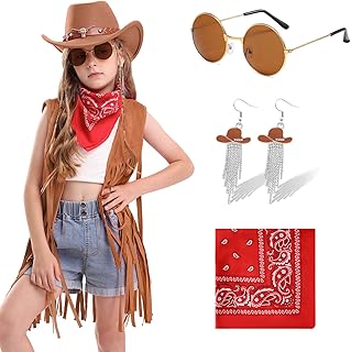 Cowgirl Outfits Costume for Girls 6 Pcs Kids Western Outfit Cowboy Hat Tassel Fringe