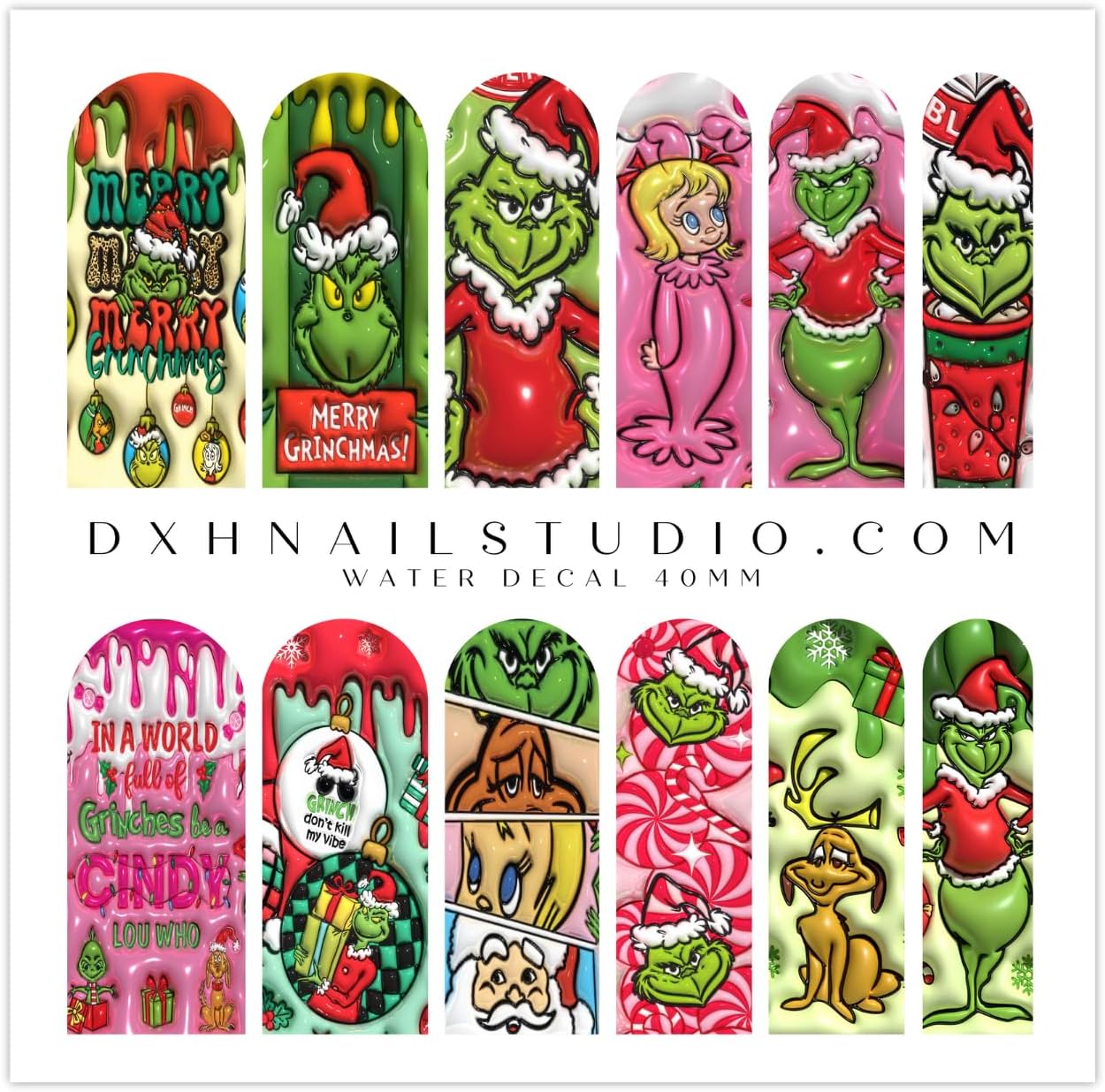 Christmas Nail Art Decals Puffy 3D Effect Pink Grinchmas