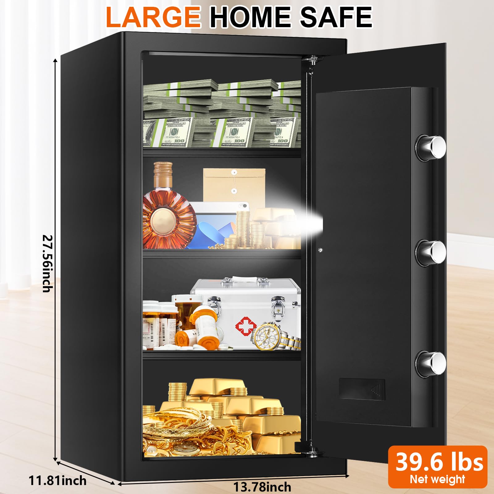 6.1 Cuft - Cassaforte extra large per denaro, impermeabile, cassaforte personale per la casa con serratura a combinazione digitale, luce LED e 3 ripiani rimovibili, cassetta per documenti antincendio