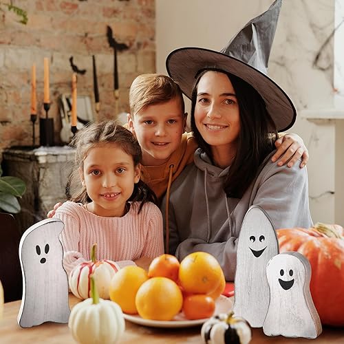 Miniatura 6 de Juego de 3 bandejas escalonadas de Halloween, decoración de fantasmas de madera, centros de mesa con temática de fantasmas de madera para decoración