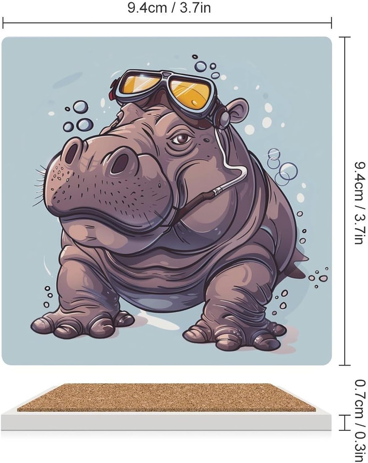 Diving Hippo Coaster for Drinks Square Ceramic Table Coasters Stone Mat Crafts 6PCS Home Kitchen Decor