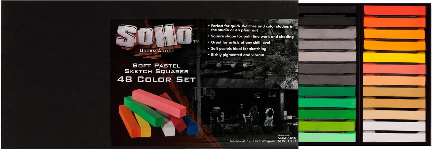 Soho Urban Artist Soft Pastel Sketch Squares - Richly Pigmented, Vibrant Color Soft Pastels for Artists Professional Pastel Artwork Studies and Sketching - Set of 48 Assorted Chalk Pastels