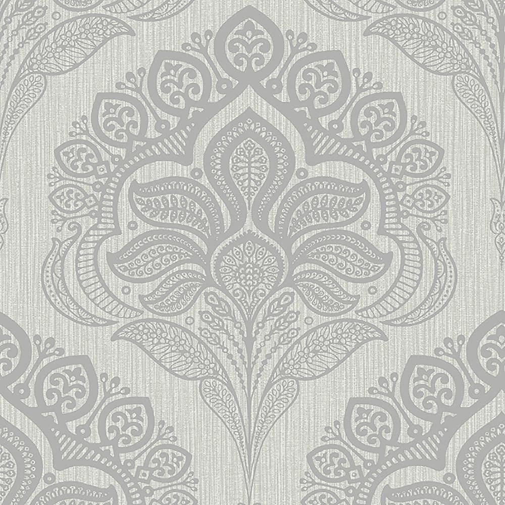 Yöl Grey Sample Grey & Silver Luxury Oria Damask Vinyl Textured Wallpaper Belgravia Décor
