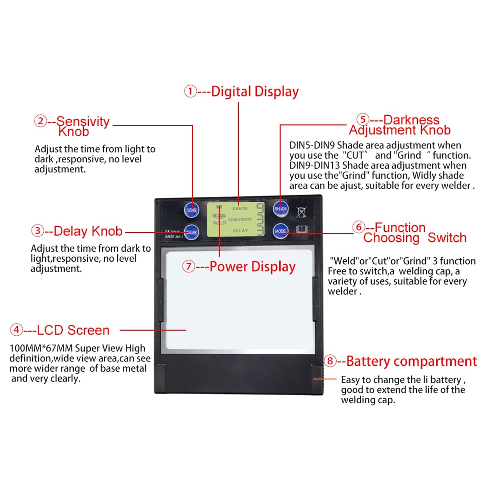 Lente de soldadura solar Pantalla digital de oscurecimiento automático, 100x67 mm 4 sensores Ventana móvil Cubierta de PP PA para casco de soldador Protección ocular