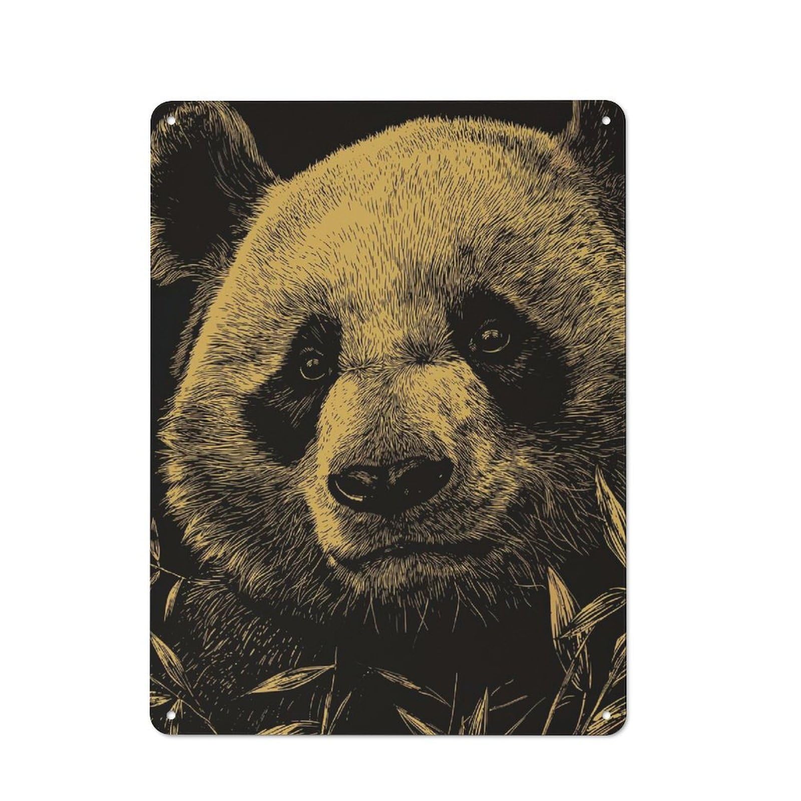 Junmoney Panda Portrait In Gold And Black Vintage Tin Sign 40X30cm Featuring For Workshop Wall, Gift For Metal Sign Collectors During The Christmas Season