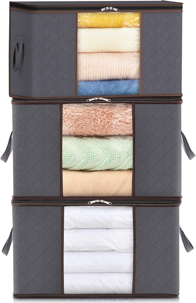 Lifewit Cajas Almacenaje Ropa Plegable con Asa Reforzada, Organizador Armario de Tejido Resistente y Ventana Transparente, Bolsas para Guardar Ropa, Mantas, Gris, 75 L, 3 Piezas