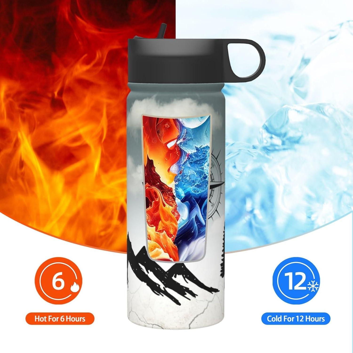 18 oz Mountain Cloud Double Wall Insulated Water Bottle with Straw and Lid, Stainless Steel Sports Bottles Compass Tree Travel Mug for Home Office